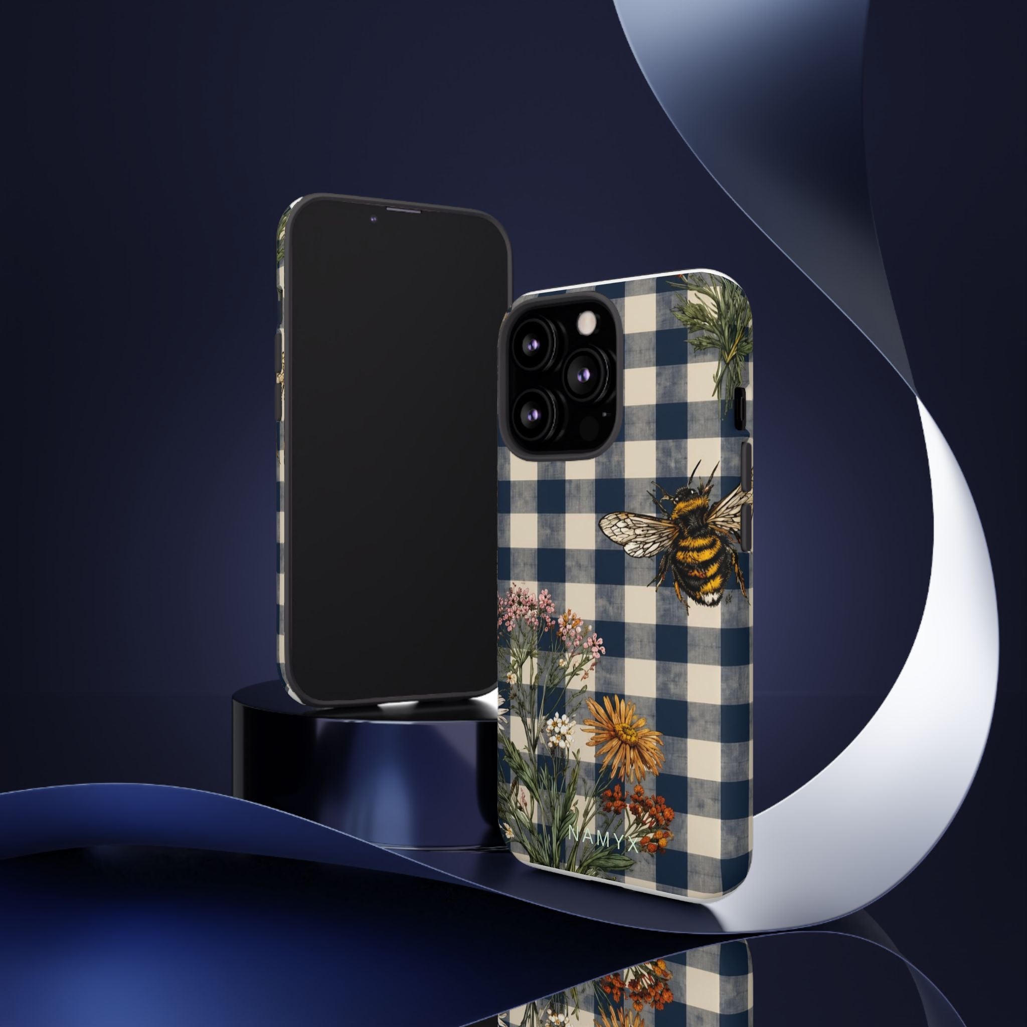 Bee & Wildflower Plaid Phone Case — Navy Buffalo Check Floral iPhone Cover