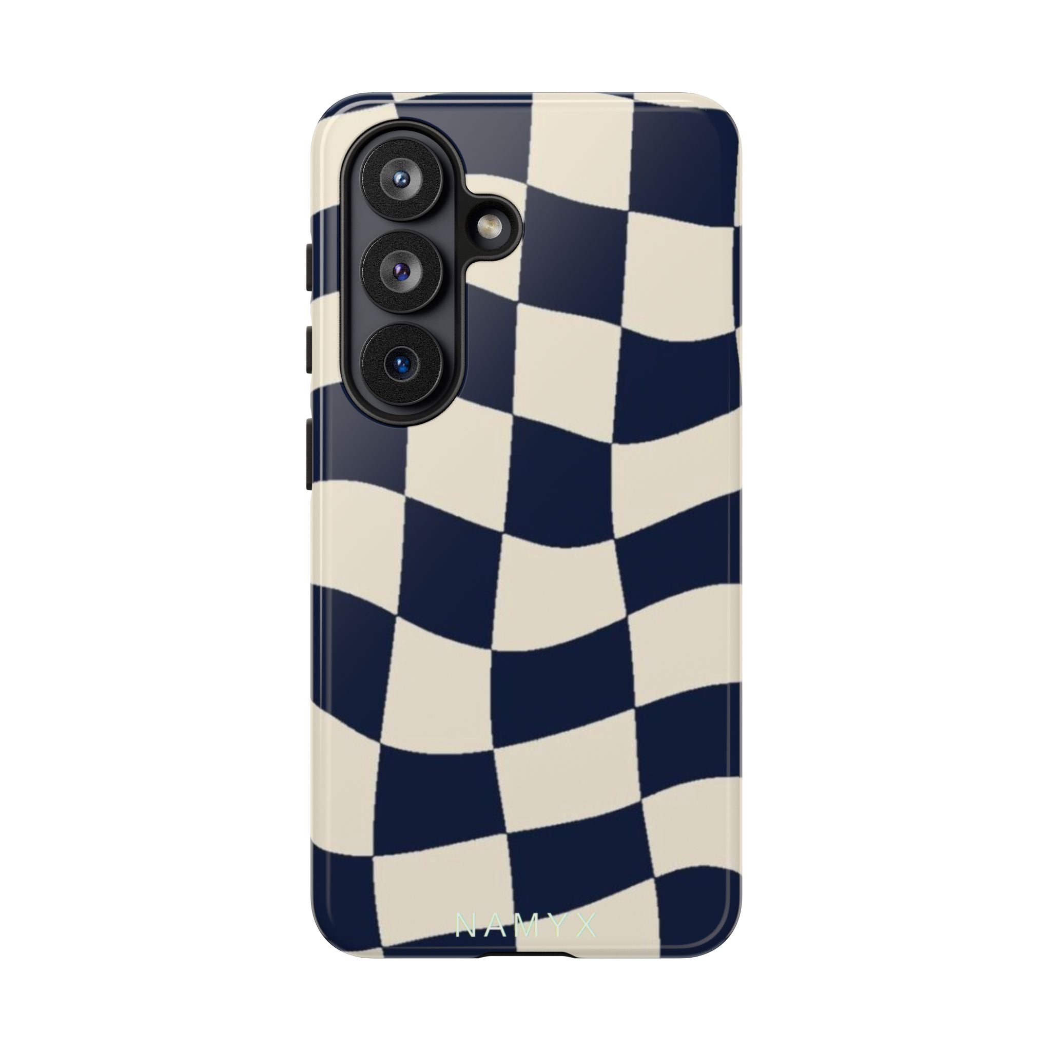 Wavy Checkered Phone Case – Retro Navy Racing Pattern Tough Case
