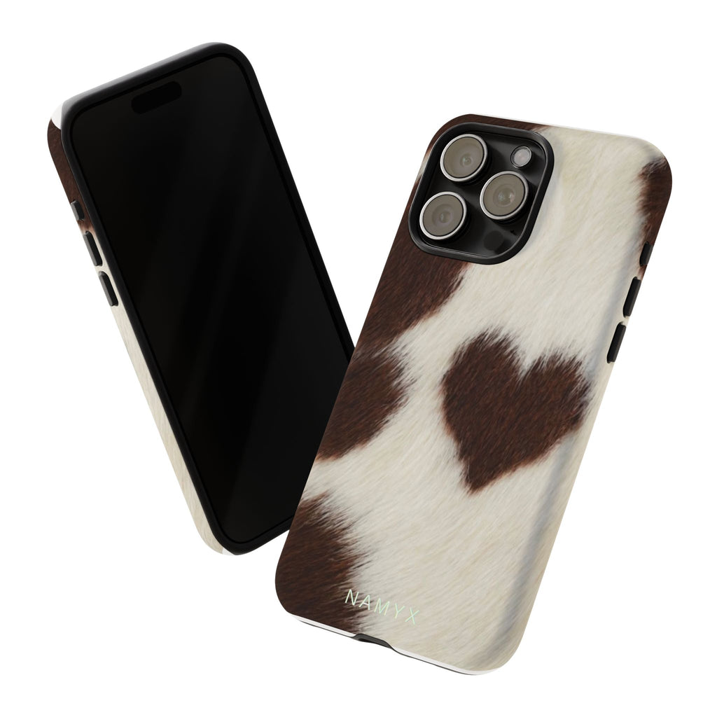 Cowhide Heart Phone Case — Cute Cow Print Protective iPhone Cover