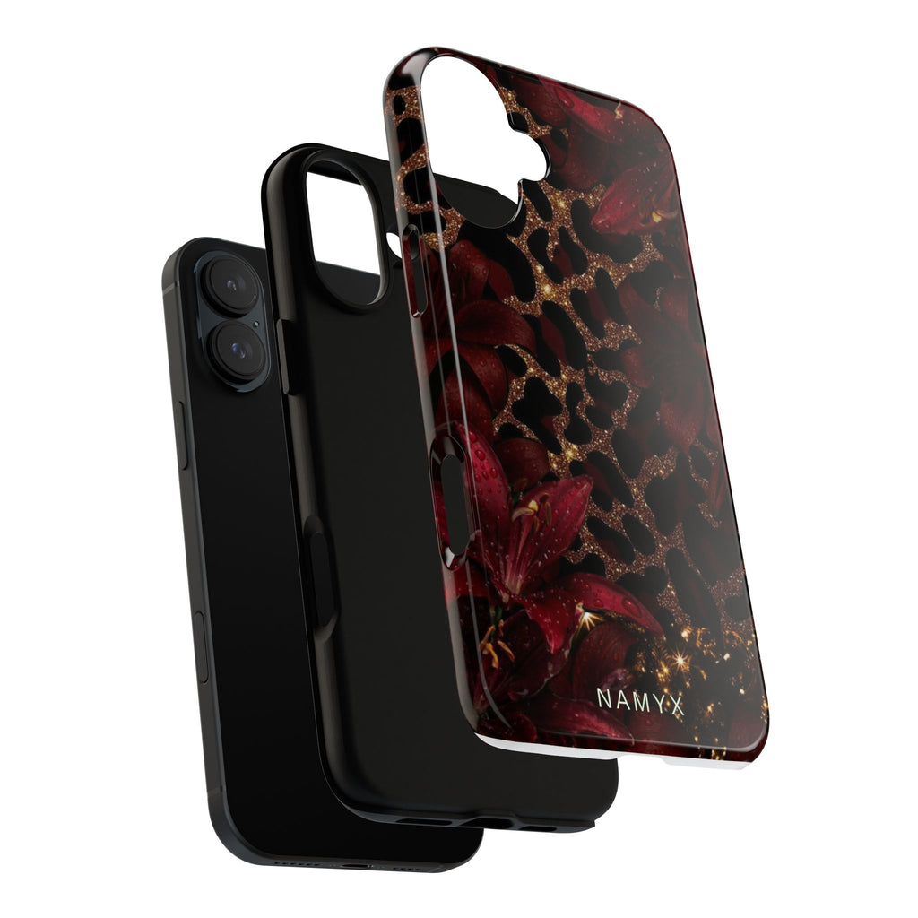Protective Phone Case — Burgundy Floral & Gold Leopard Print Tough Case