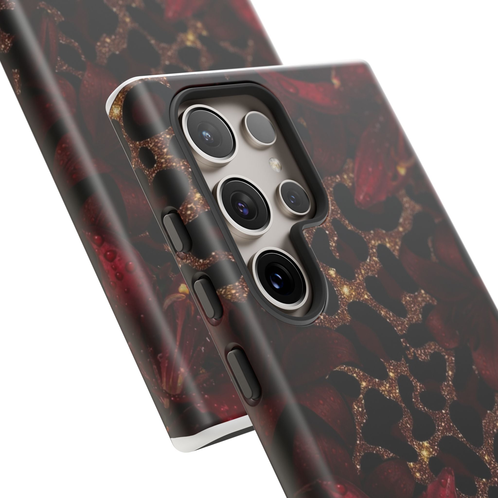 Protective Phone Case — Burgundy Floral & Gold Leopard Print Tough Case