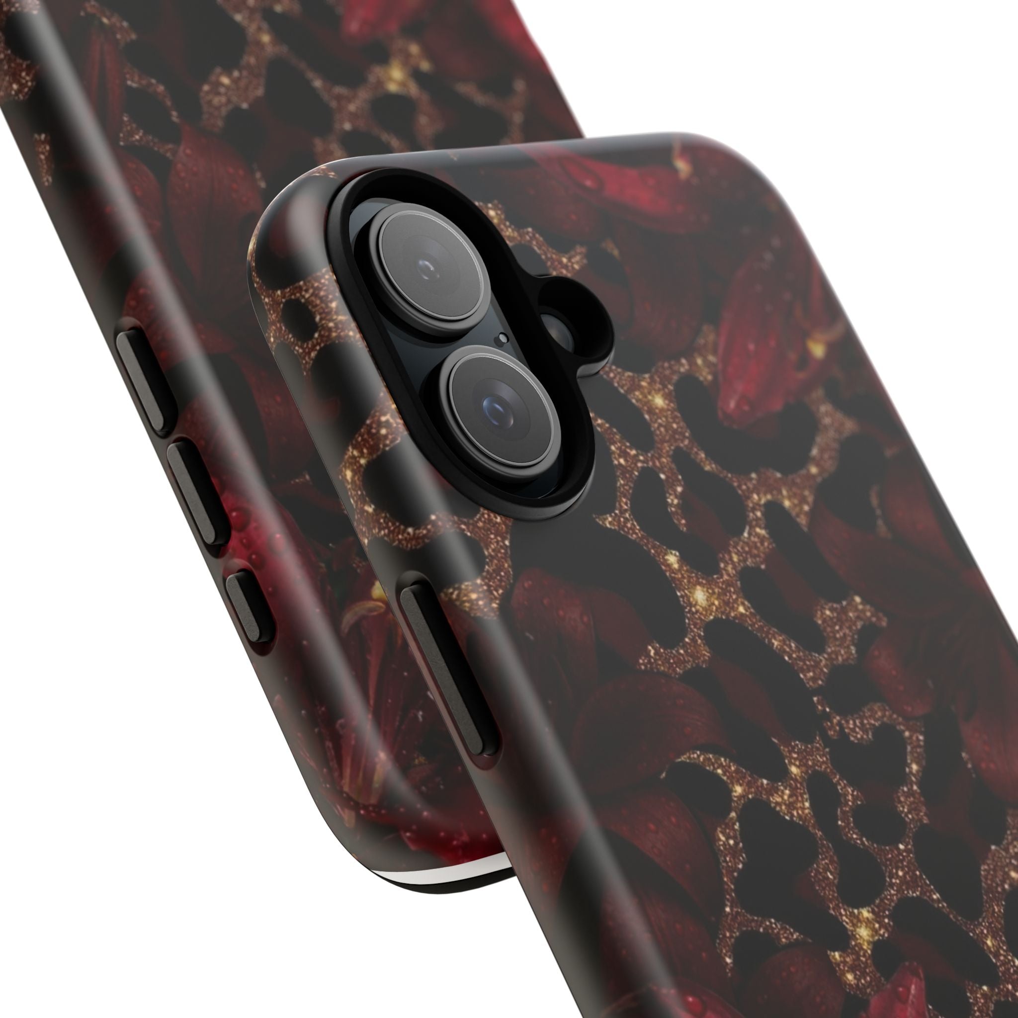 Protective Phone Case — Burgundy Floral & Gold Leopard Print Tough Case