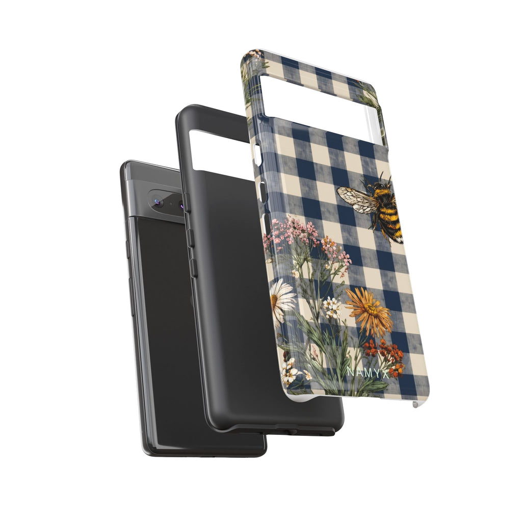 Bee & Wildflower Plaid Phone Case — Navy Buffalo Check Floral iPhone Cover
