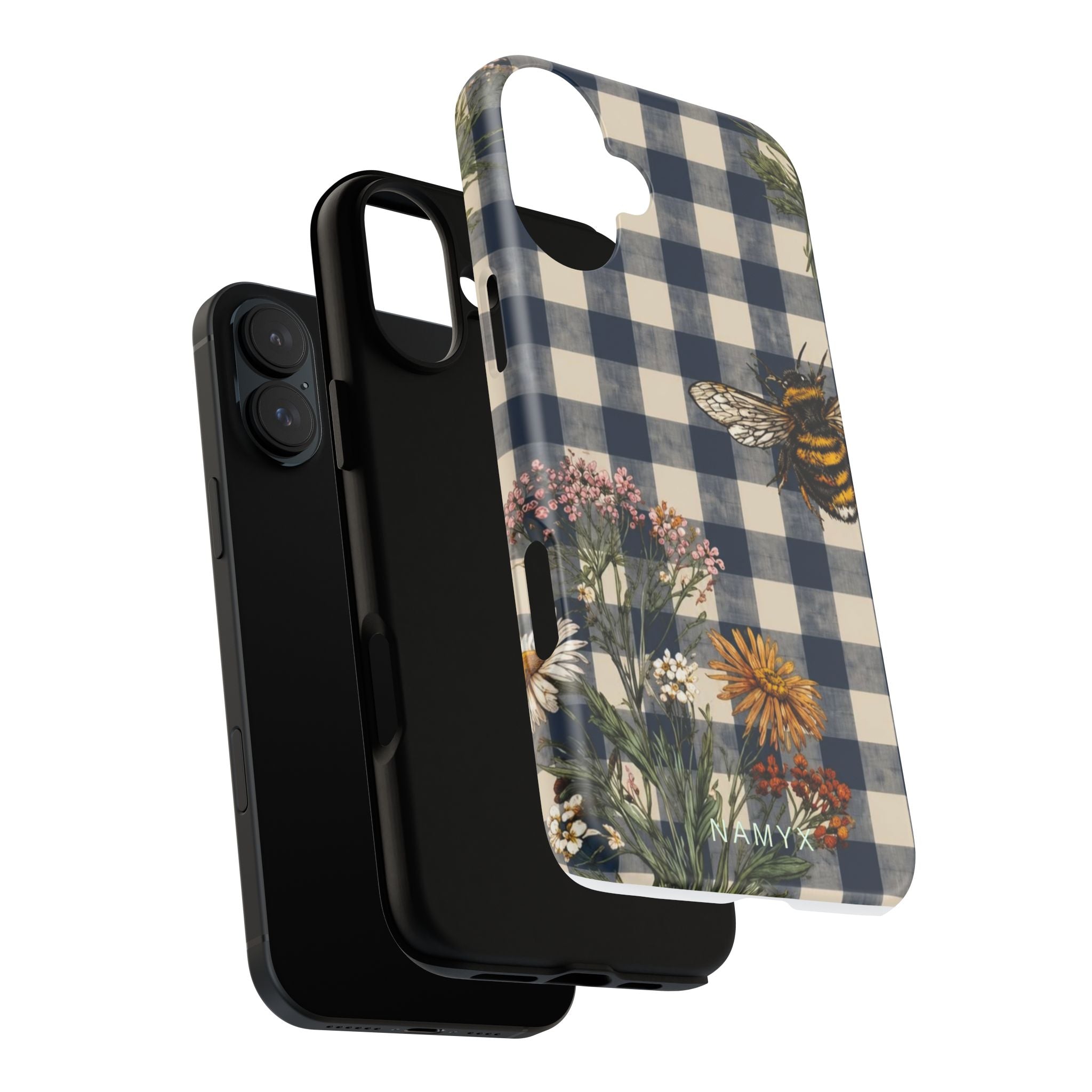 Bee & Wildflower Plaid Phone Case — Navy Buffalo Check Floral iPhone Cover
