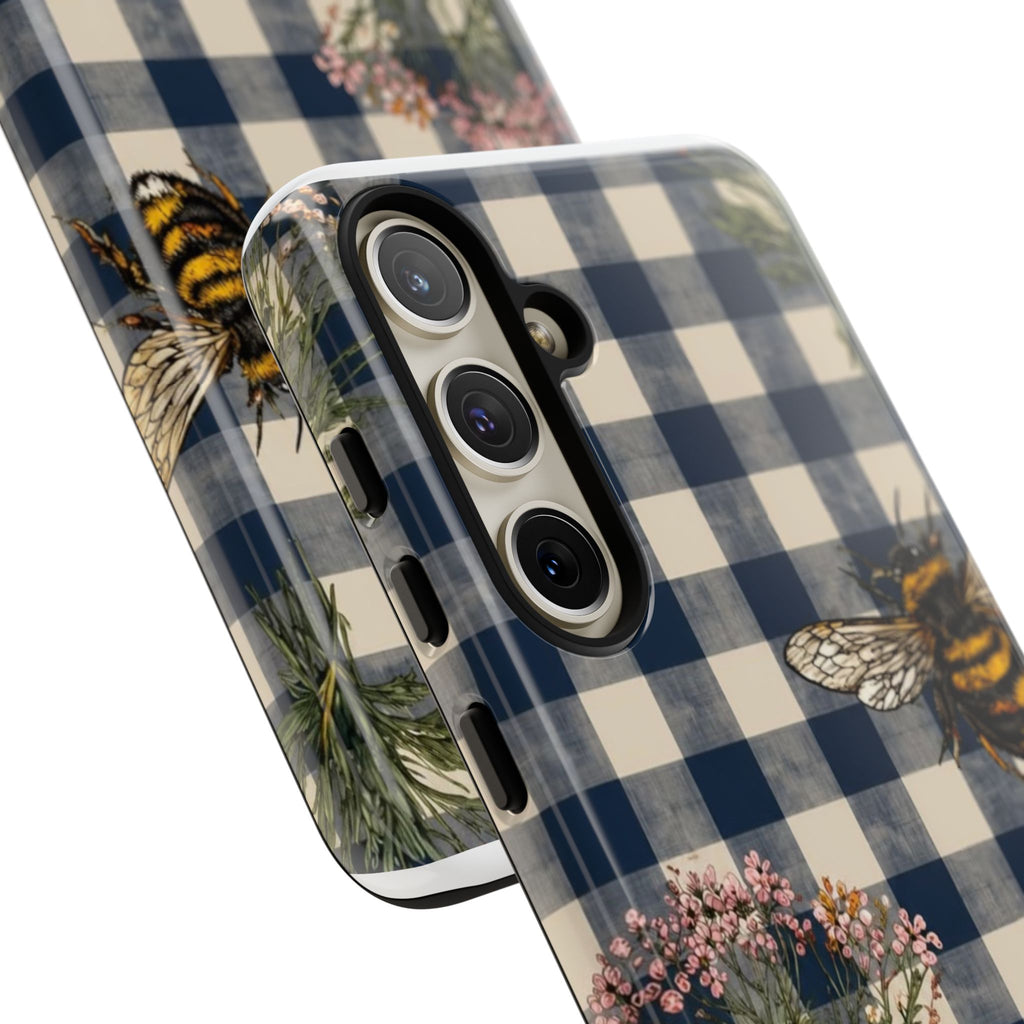 Bee & Wildflower Plaid Phone Case — Navy Buffalo Check Floral iPhone Cover