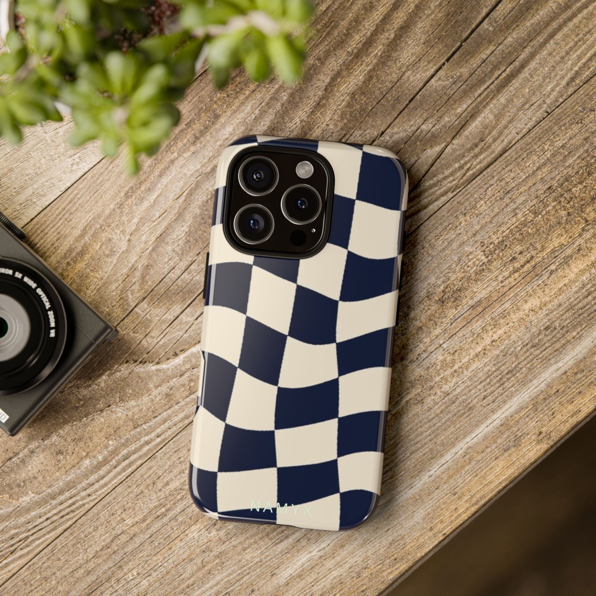 Wavy Checkered Phone Case – Retro Navy Racing Pattern Tough Case