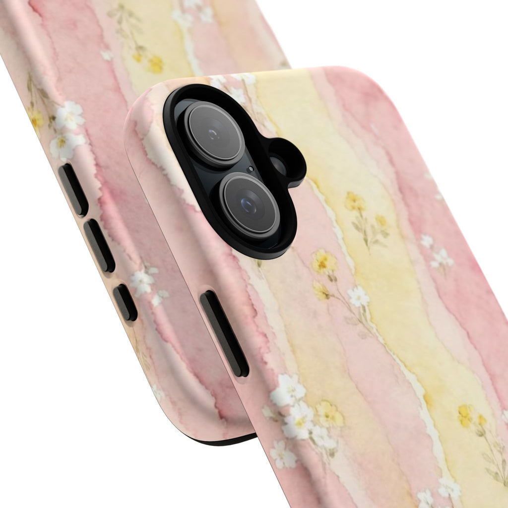Floral Watercolor Tough Phone Case — Pink & Yellow Daisy Protective Cover