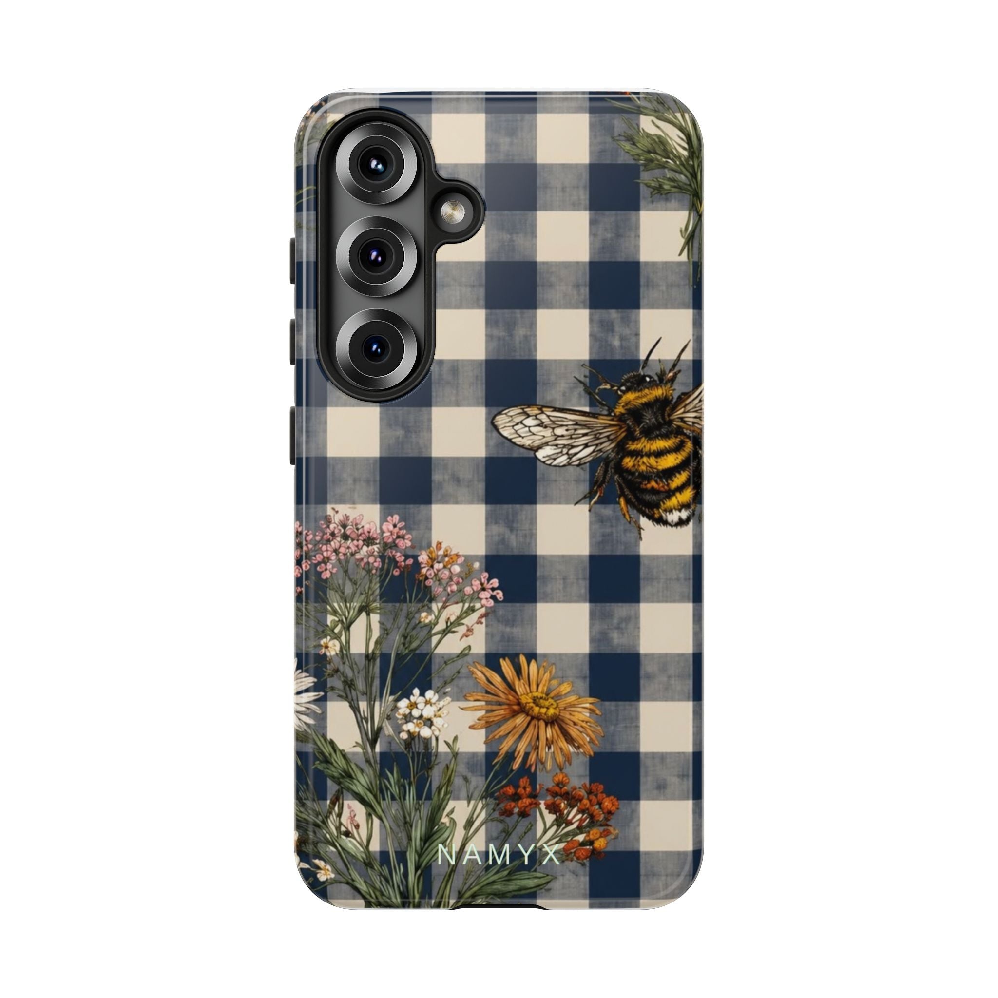 Bee & Wildflower Plaid Phone Case — Navy Buffalo Check Floral iPhone Cover