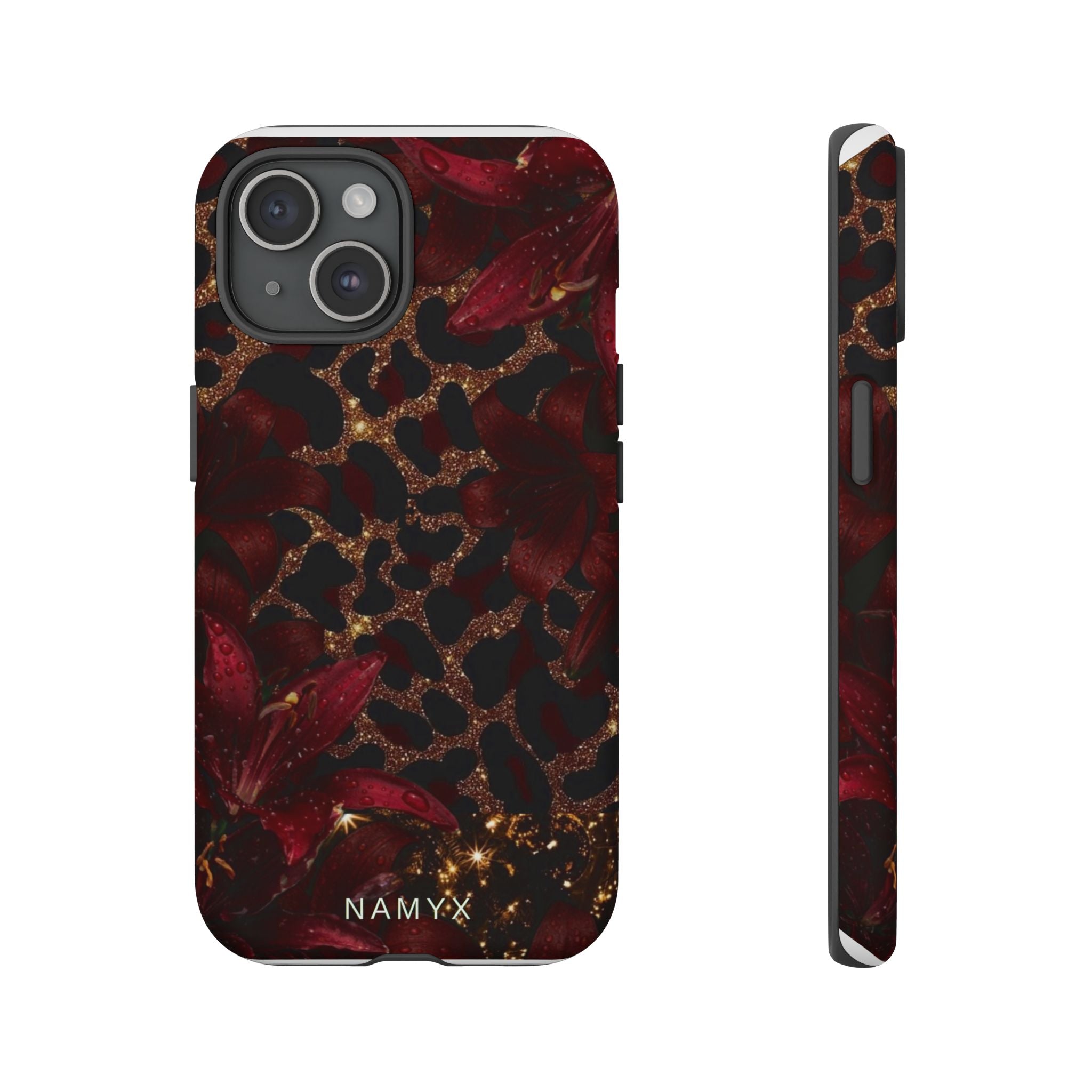 Protective Phone Case — Burgundy Floral & Gold Leopard Print Tough Case