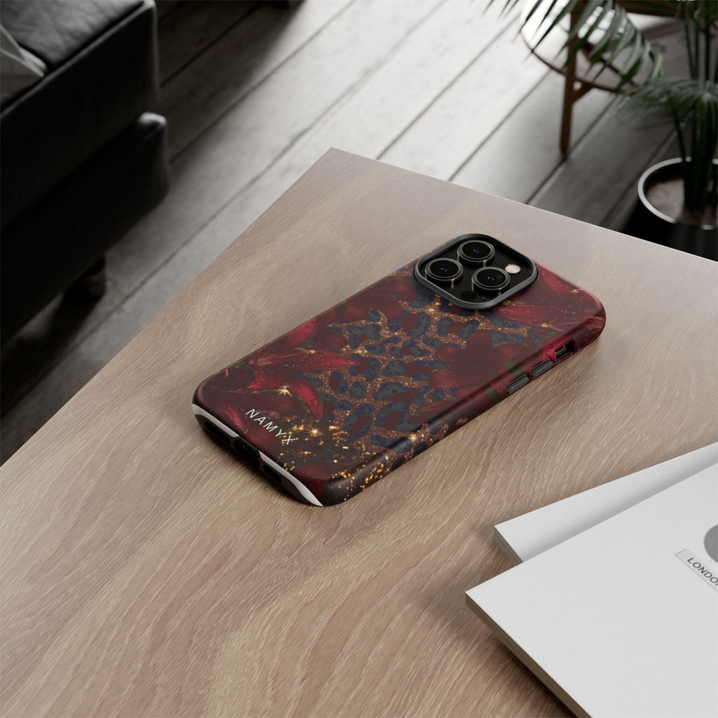 Protective Phone Case — Burgundy Floral & Gold Leopard Print Tough Case