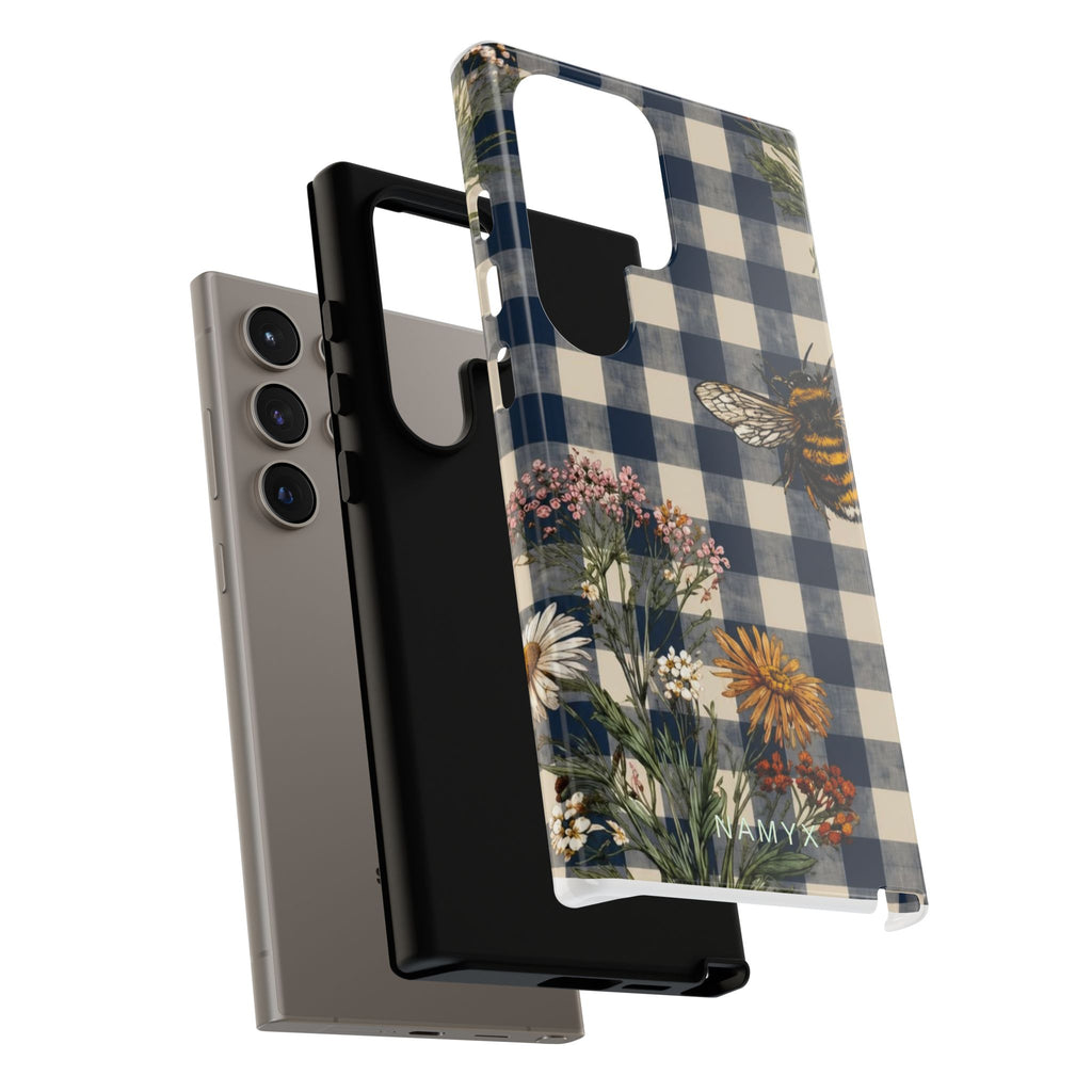 Bee & Wildflower Plaid Phone Case — Navy Buffalo Check Floral iPhone Cover