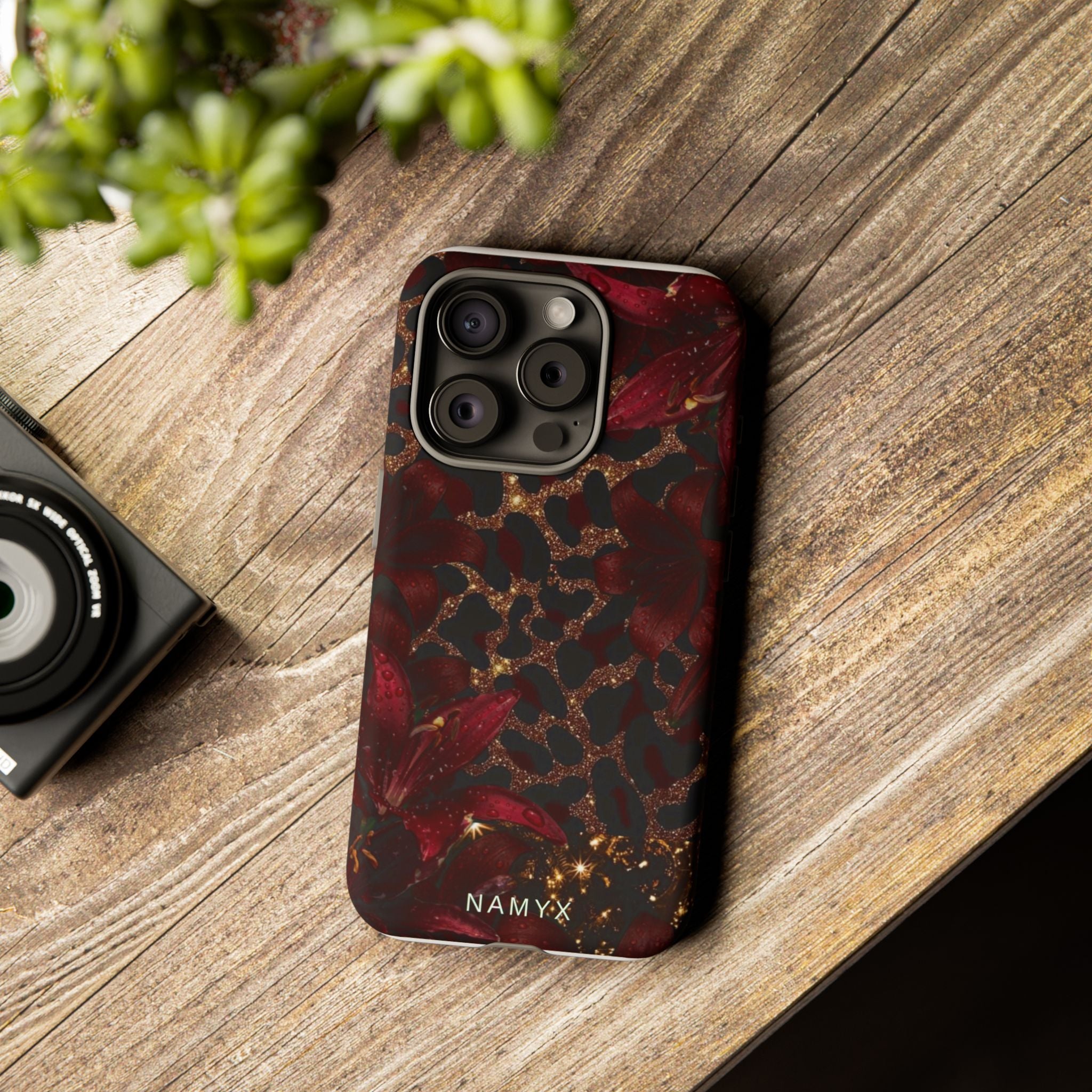 Protective Phone Case — Burgundy Floral & Gold Leopard Print Tough Case