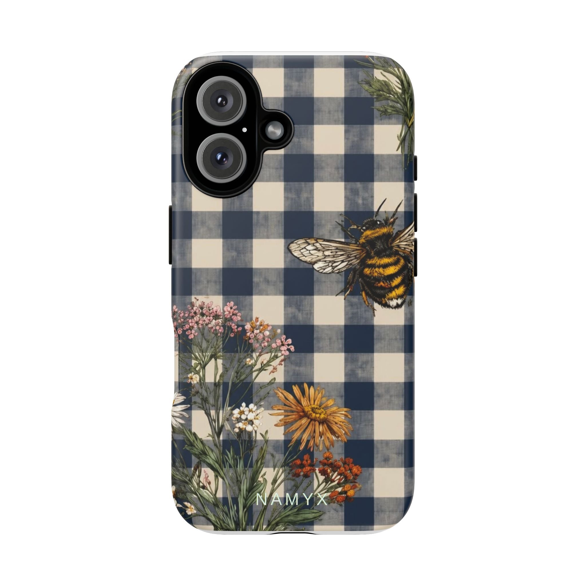 Bee & Wildflower Plaid Phone Case — Navy Buffalo Check Floral iPhone Cover
