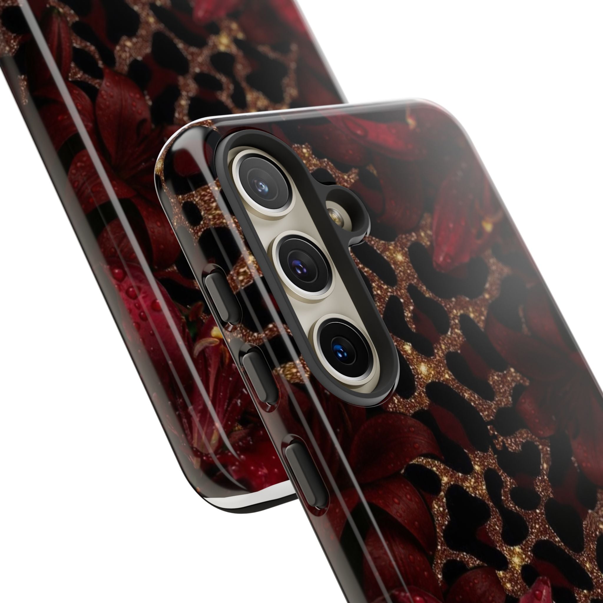 Protective Phone Case — Burgundy Floral & Gold Leopard Print Tough Case