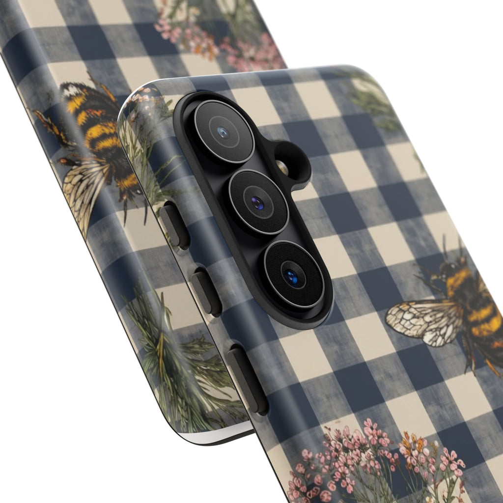 Bee & Wildflower Plaid Phone Case — Navy Buffalo Check Floral iPhone Cover