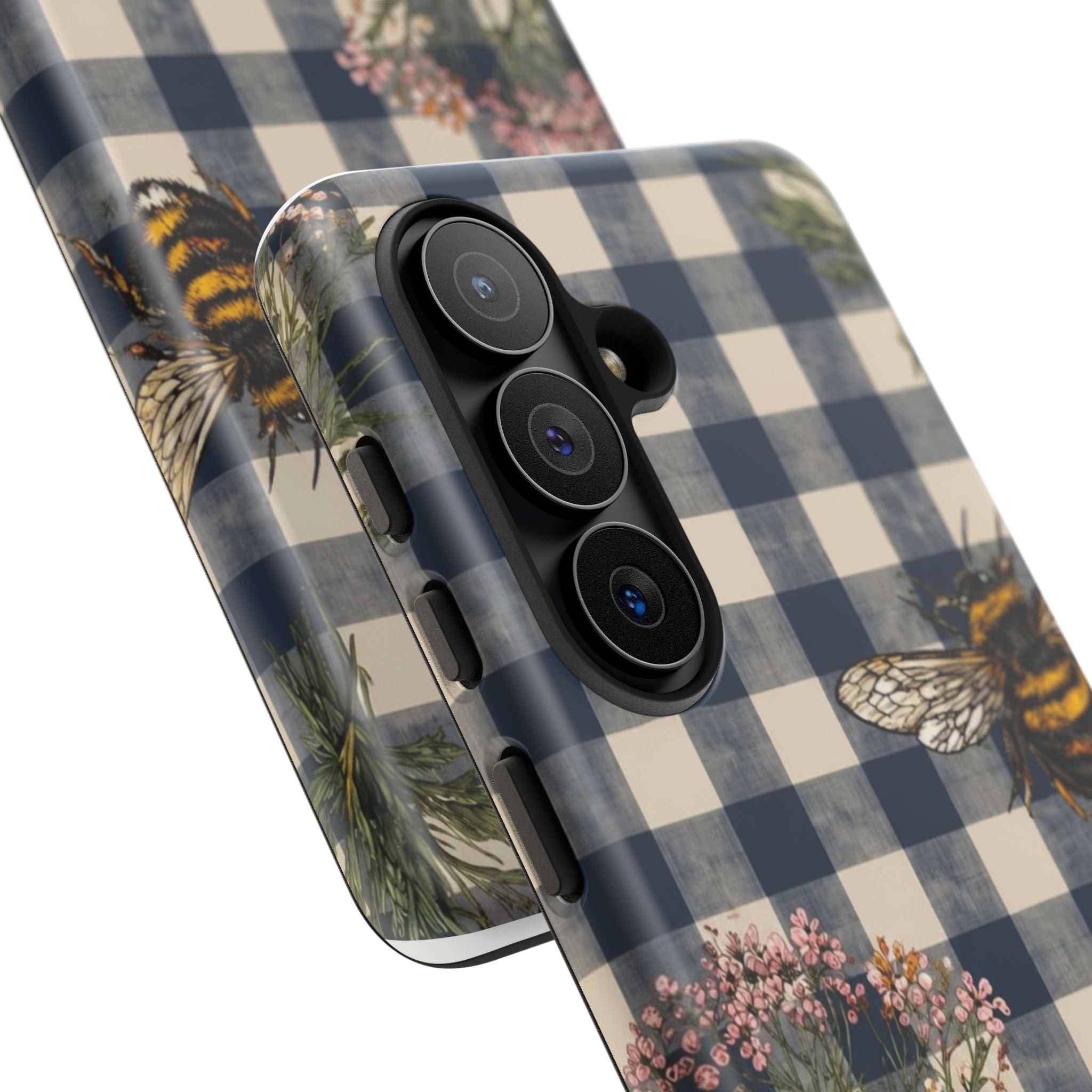 Bee & Wildflower Plaid Phone Case — Navy Buffalo Check Floral iPhone Cover