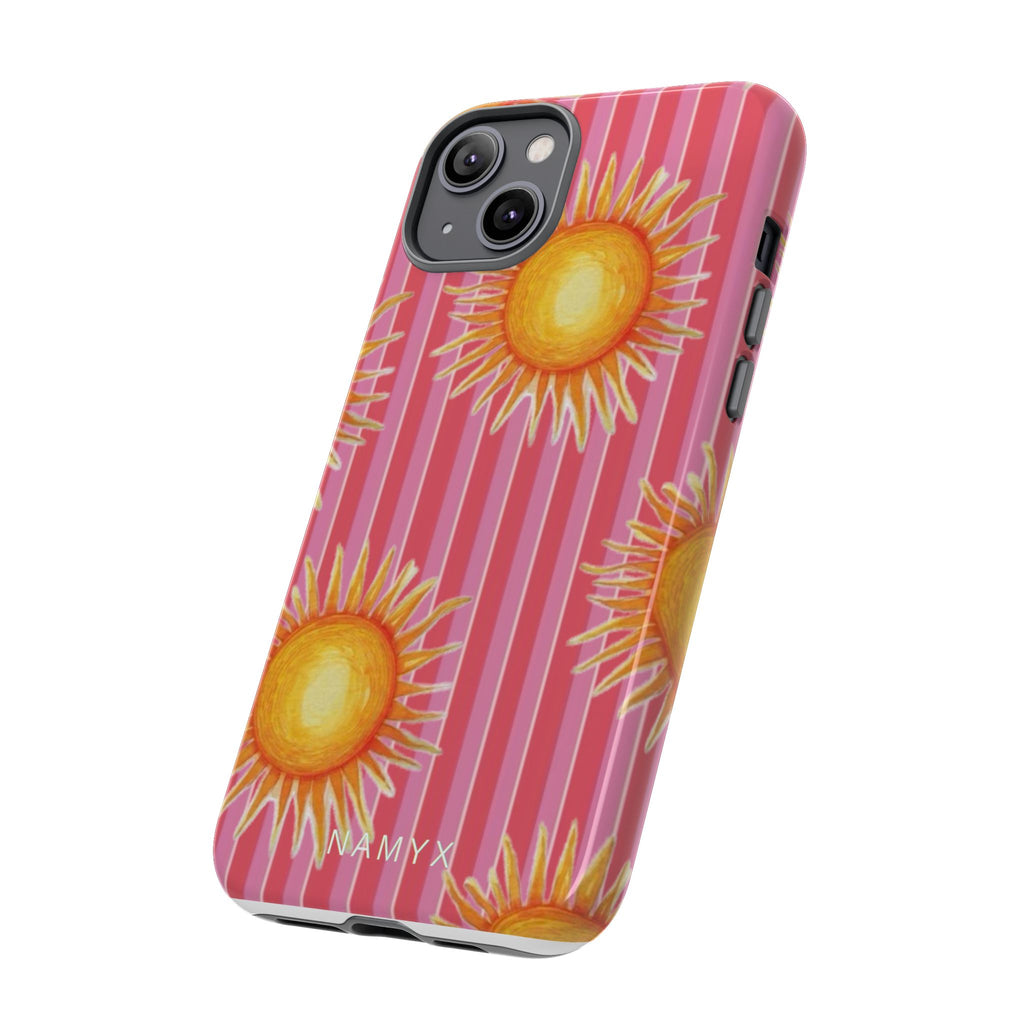 Sunburst Stripe Tough Phone Case — Bright Yellow Sun Pattern on Pink
