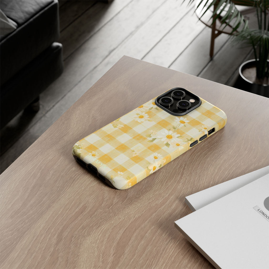 Daisy Gingham Tough Phone Case — Yellow Floral Protective Cover