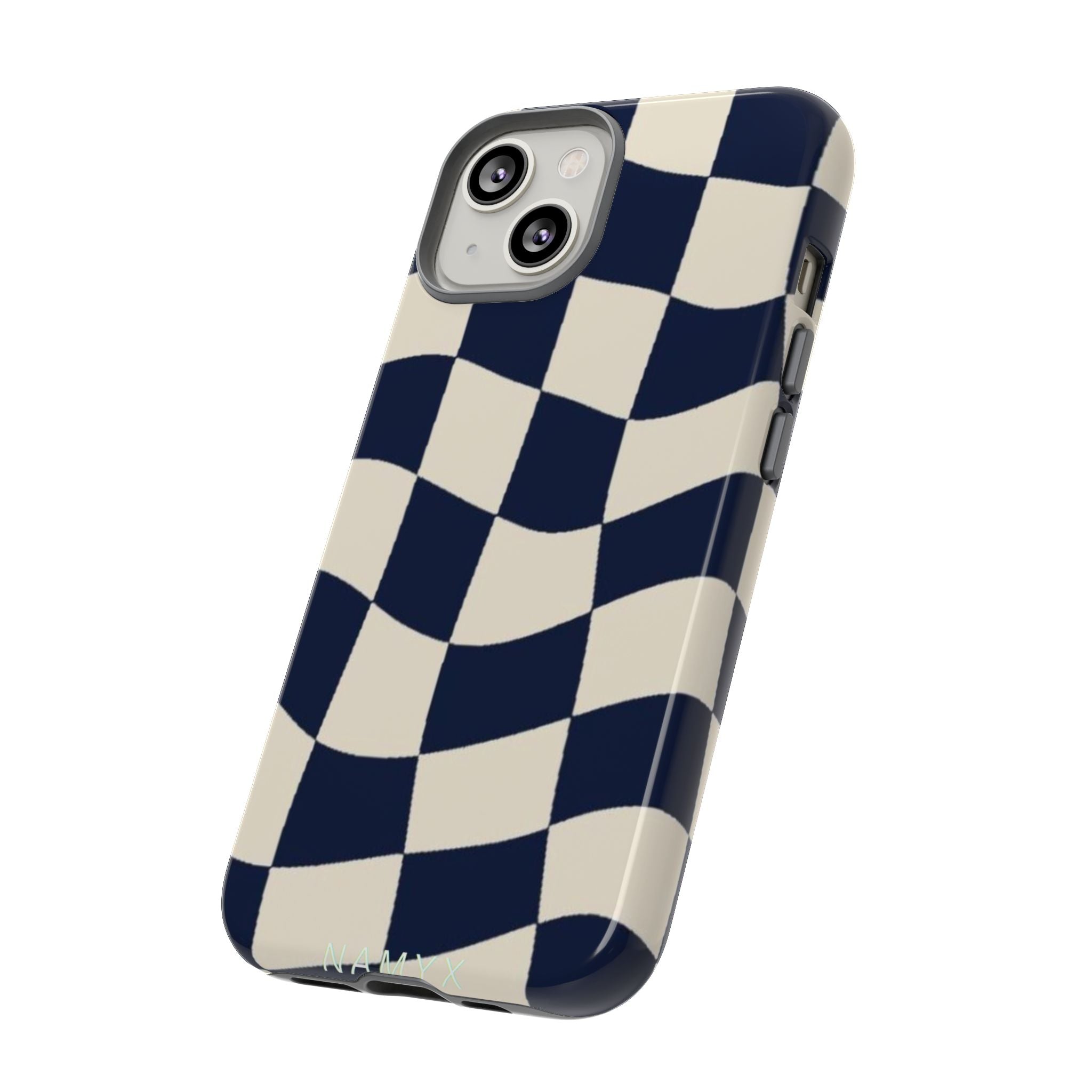 Wavy Checkered Phone Case – Retro Navy Racing Pattern Tough Case