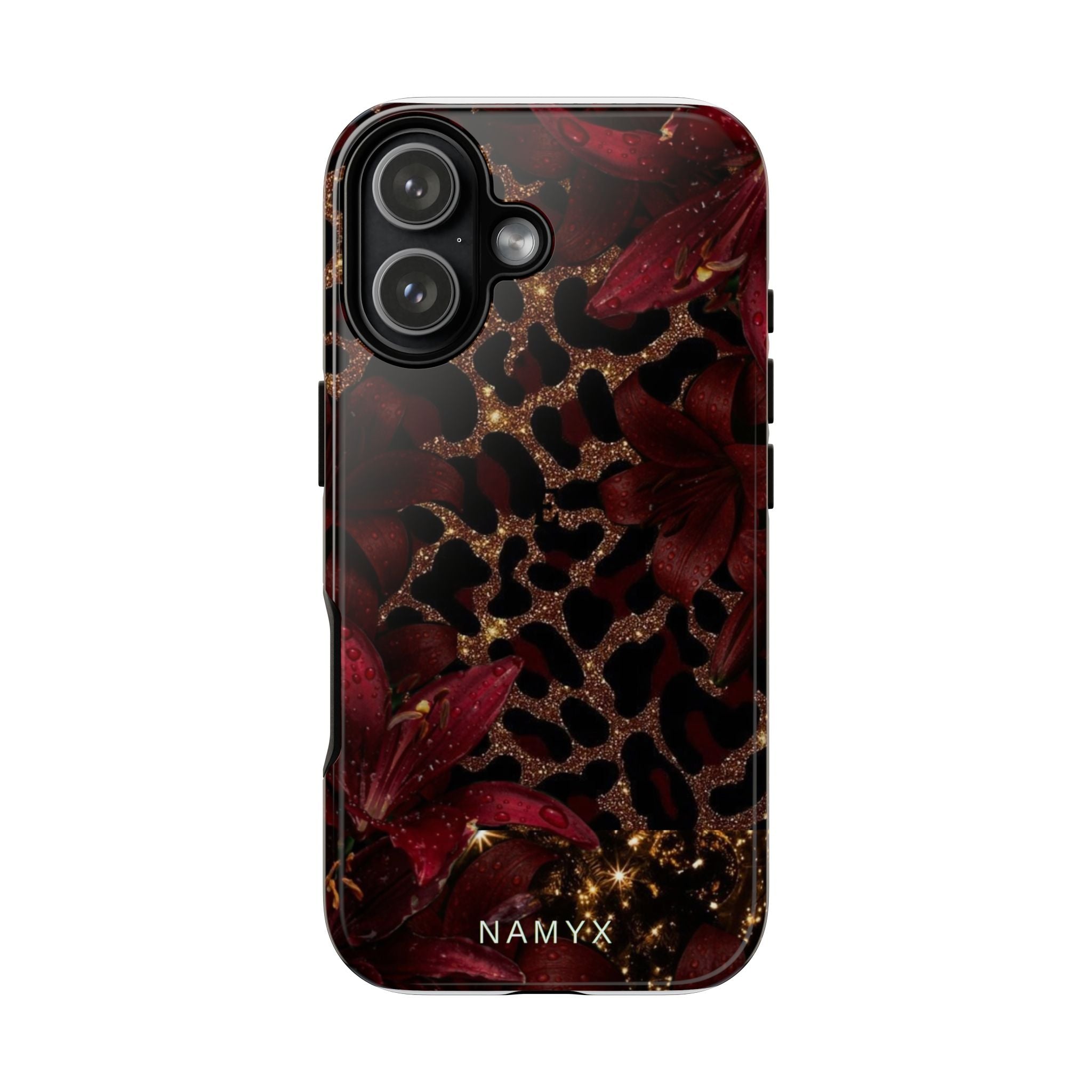 Protective Phone Case — Burgundy Floral & Gold Leopard Print Tough Case