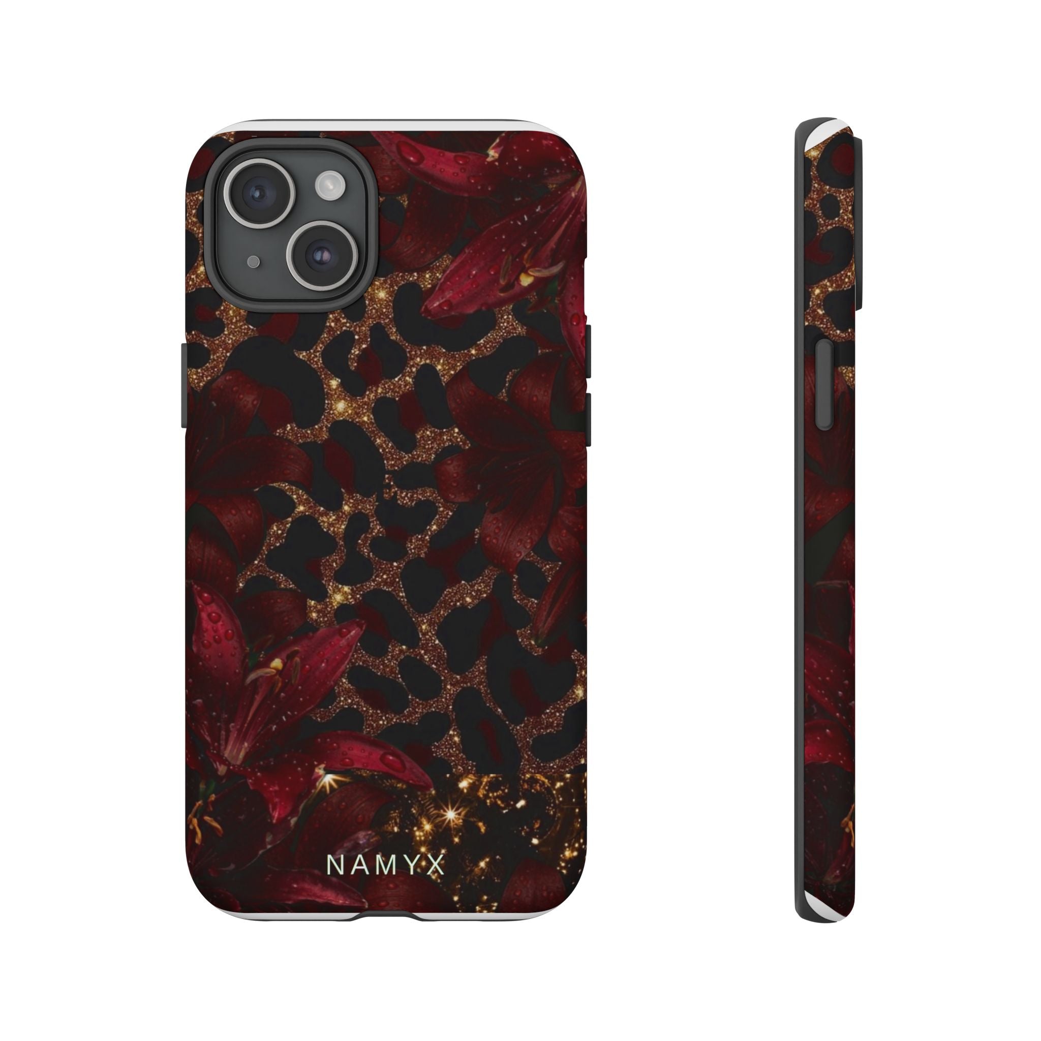 Protective Phone Case — Burgundy Floral & Gold Leopard Print Tough Case
