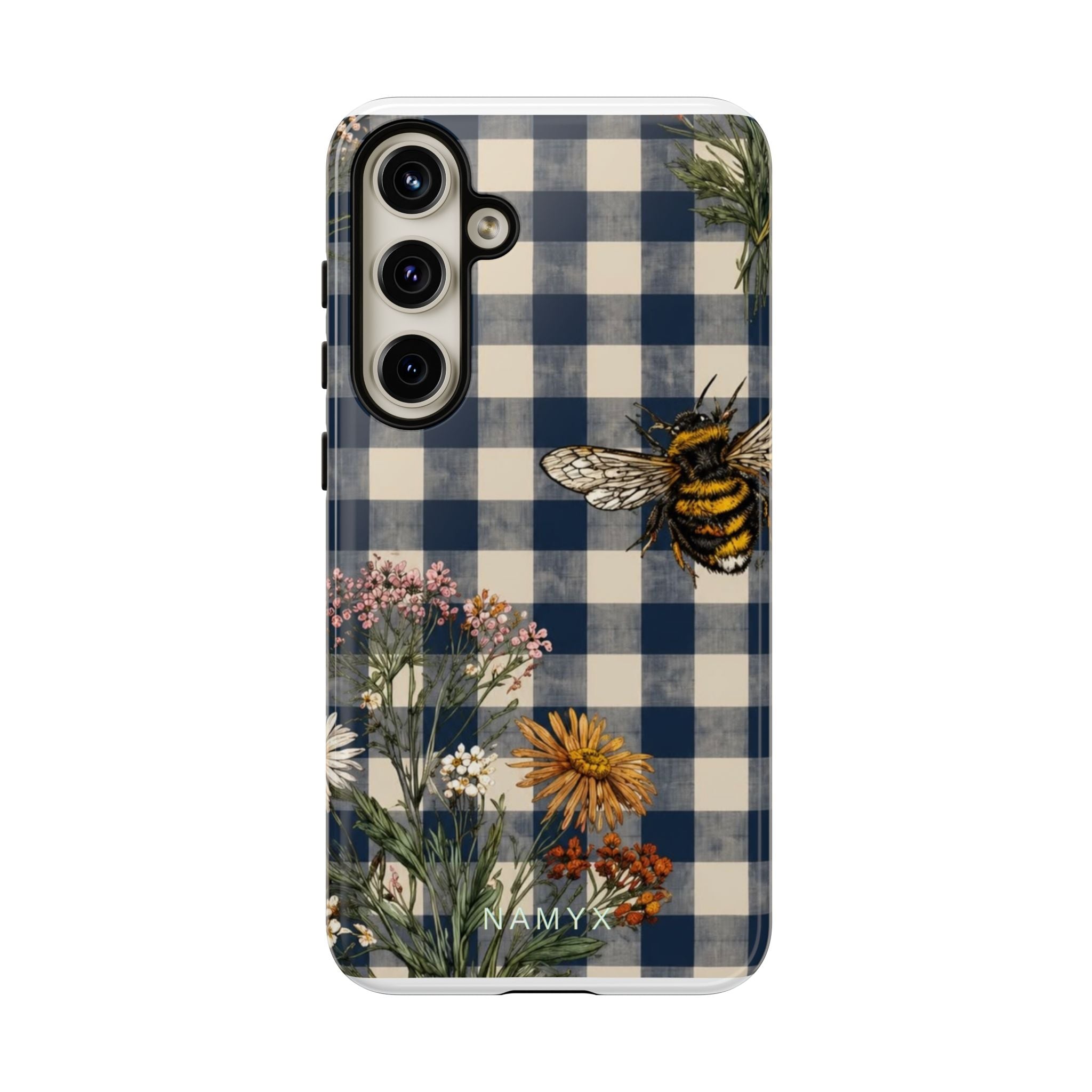 Bee & Wildflower Plaid Phone Case — Navy Buffalo Check Floral iPhone Cover