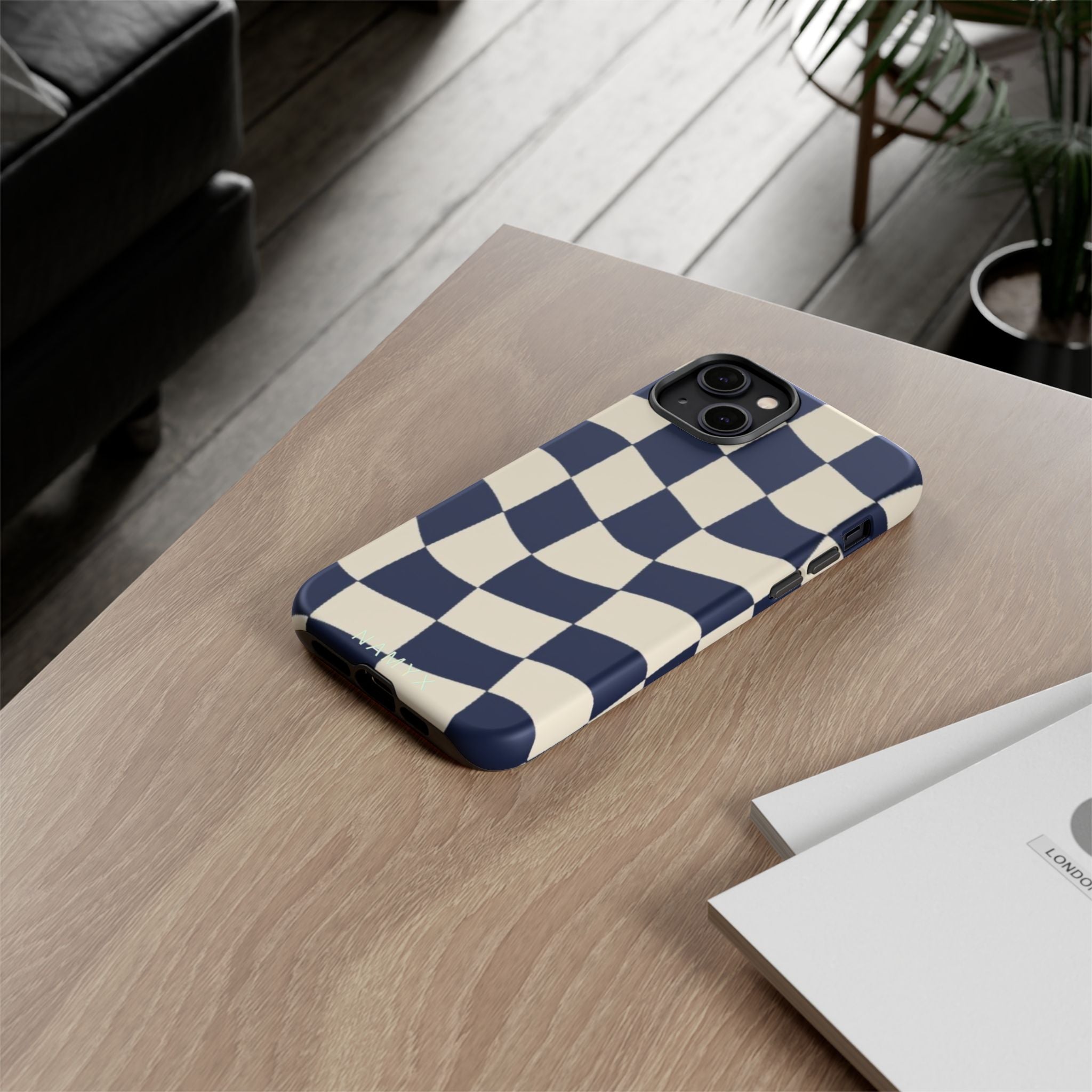 Wavy Checkered Phone Case – Retro Navy Racing Pattern Tough Case