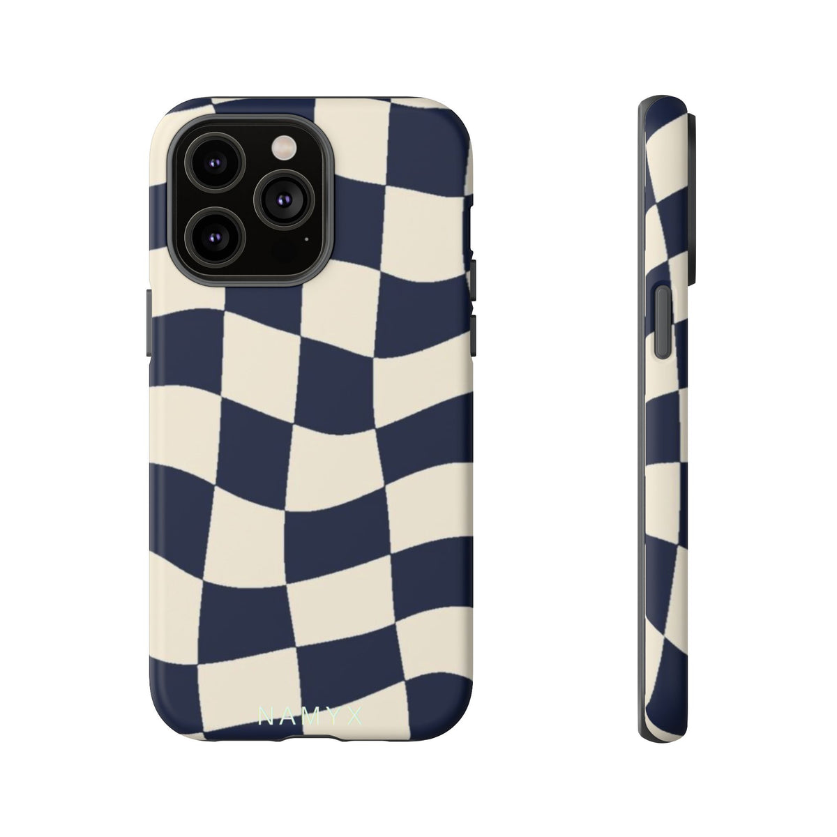 Wavy Checkered Phone Case – Retro Navy Racing Pattern Tough Case