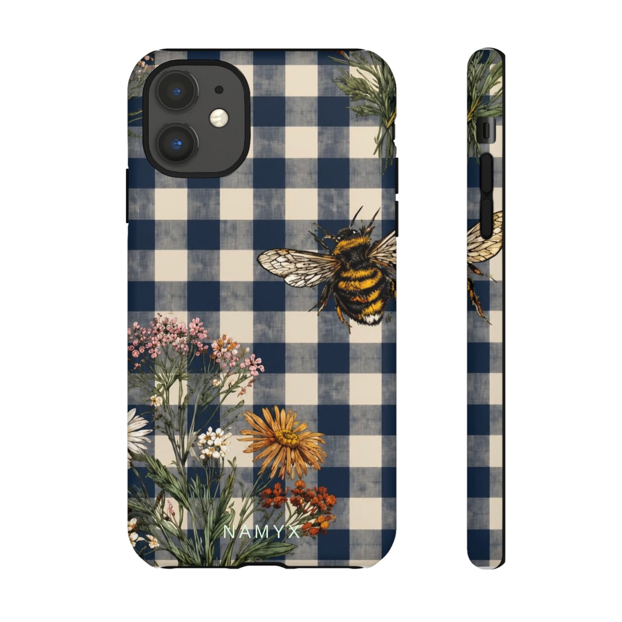 Bee & Wildflower Plaid Phone Case — Navy Buffalo Check Floral iPhone Cover