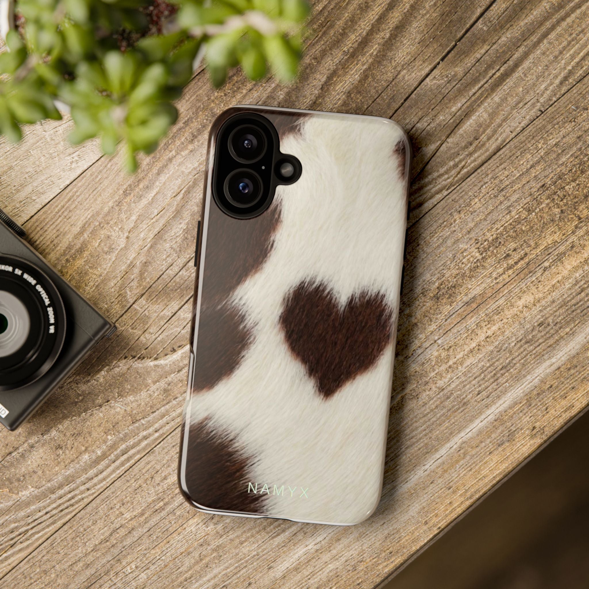 Cowhide Heart Phone Case — Cute Cow Print Protective iPhone Cover