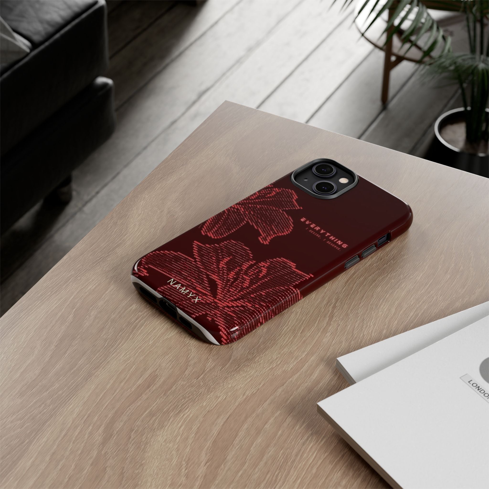 Floral Tough Phone Case — 'Everything' Burgundy Protective Cover