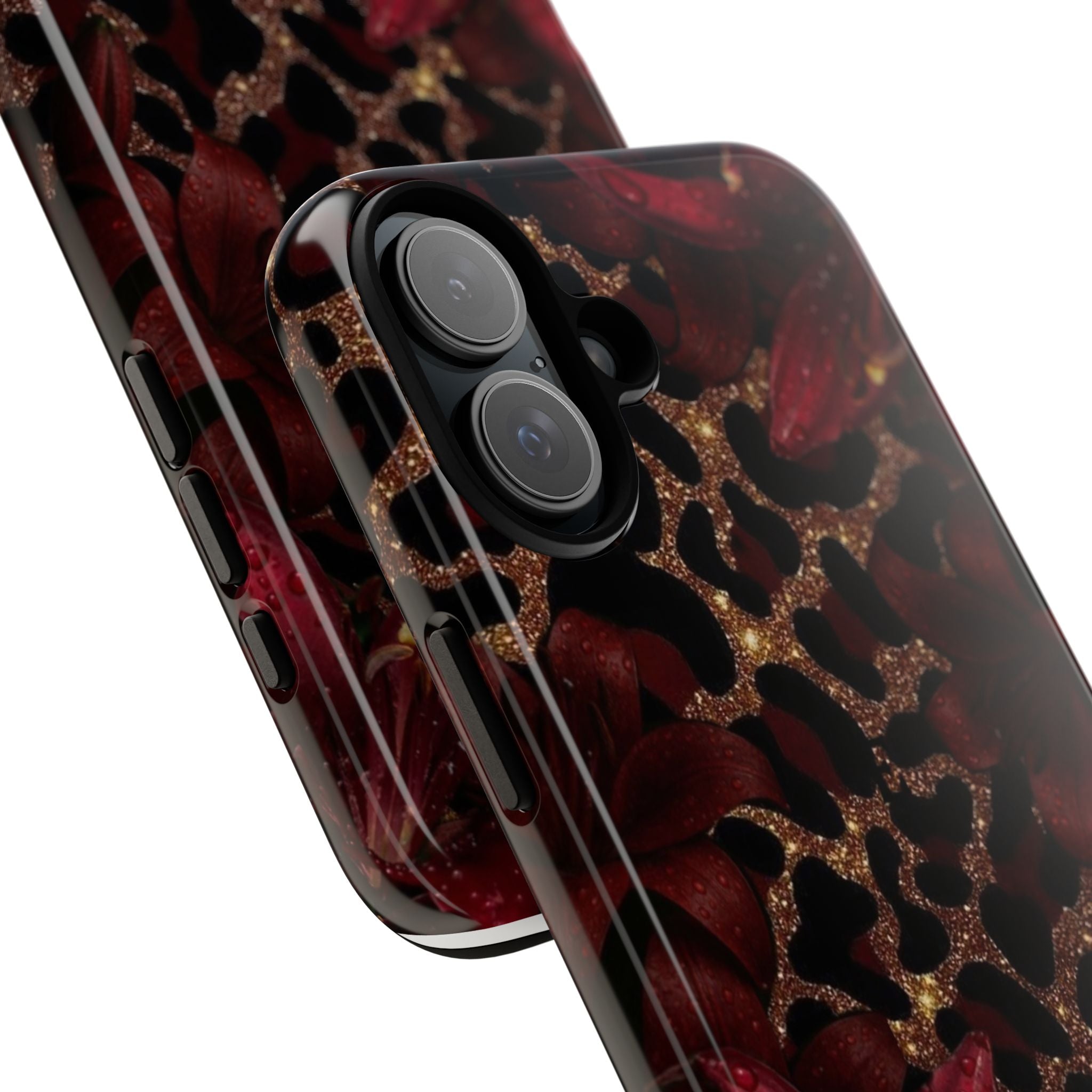 Protective Phone Case — Burgundy Floral & Gold Leopard Print Tough Case