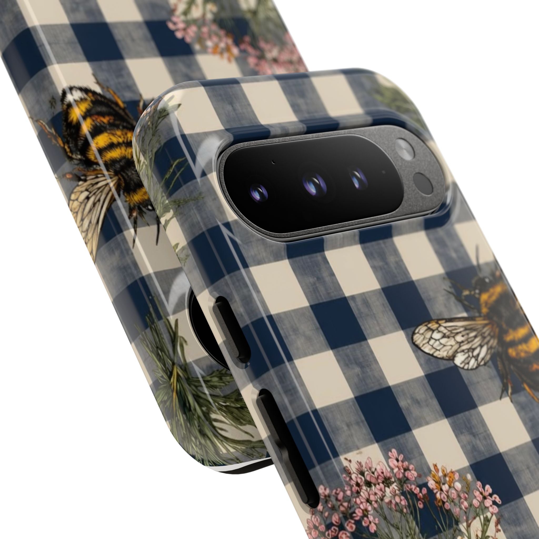 Bee & Wildflower Plaid Phone Case — Navy Buffalo Check Floral iPhone Cover