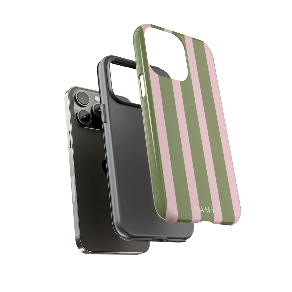Striped Olive & Blush Tough Phone Case — Durable Protective Phone Cover