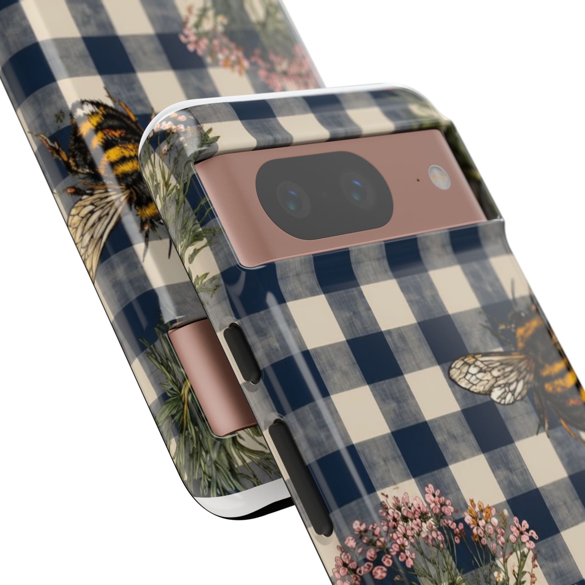 Bee & Wildflower Plaid Phone Case — Navy Buffalo Check Floral iPhone Cover