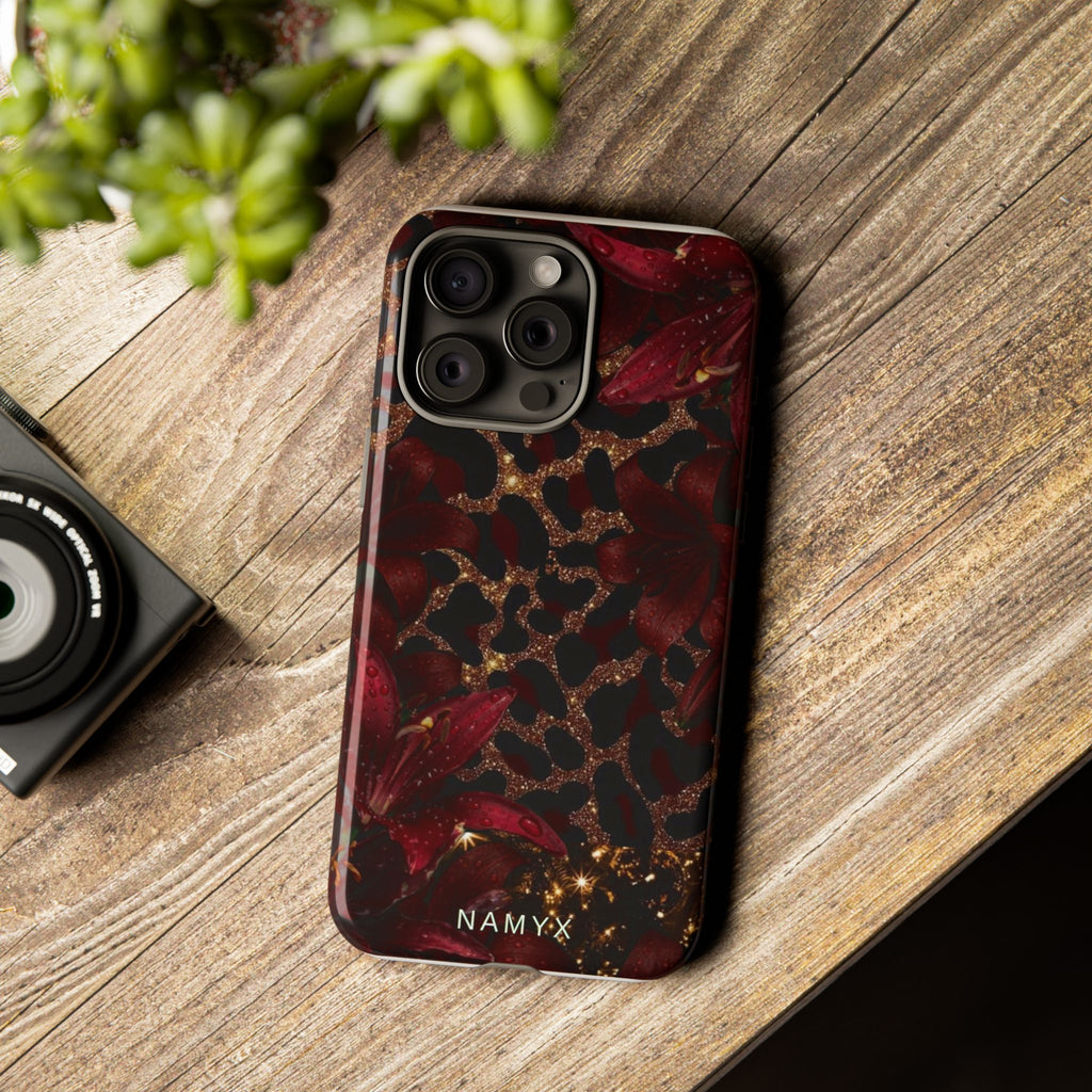 Protective Phone Case — Burgundy Floral & Gold Leopard Print Tough Case