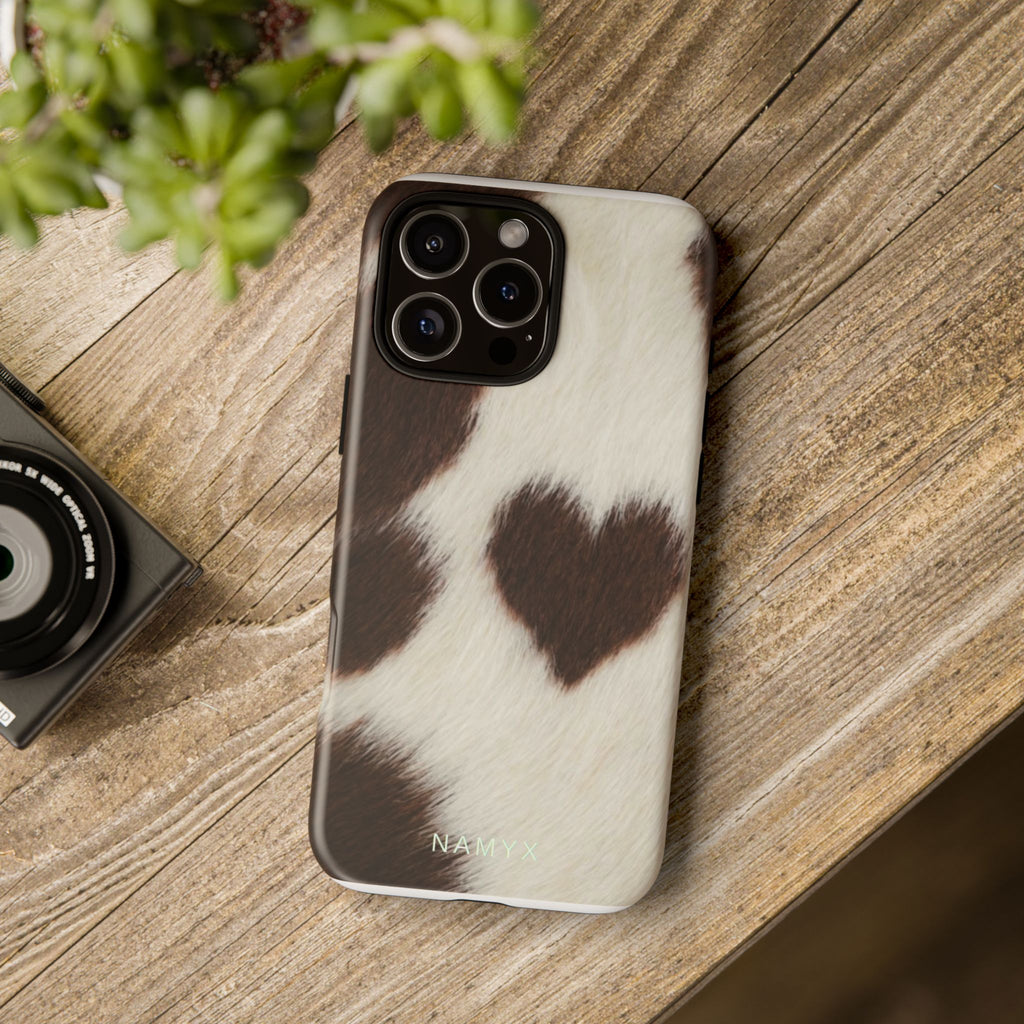 Cowhide Heart Phone Case — Cute Cow Print Protective iPhone Cover