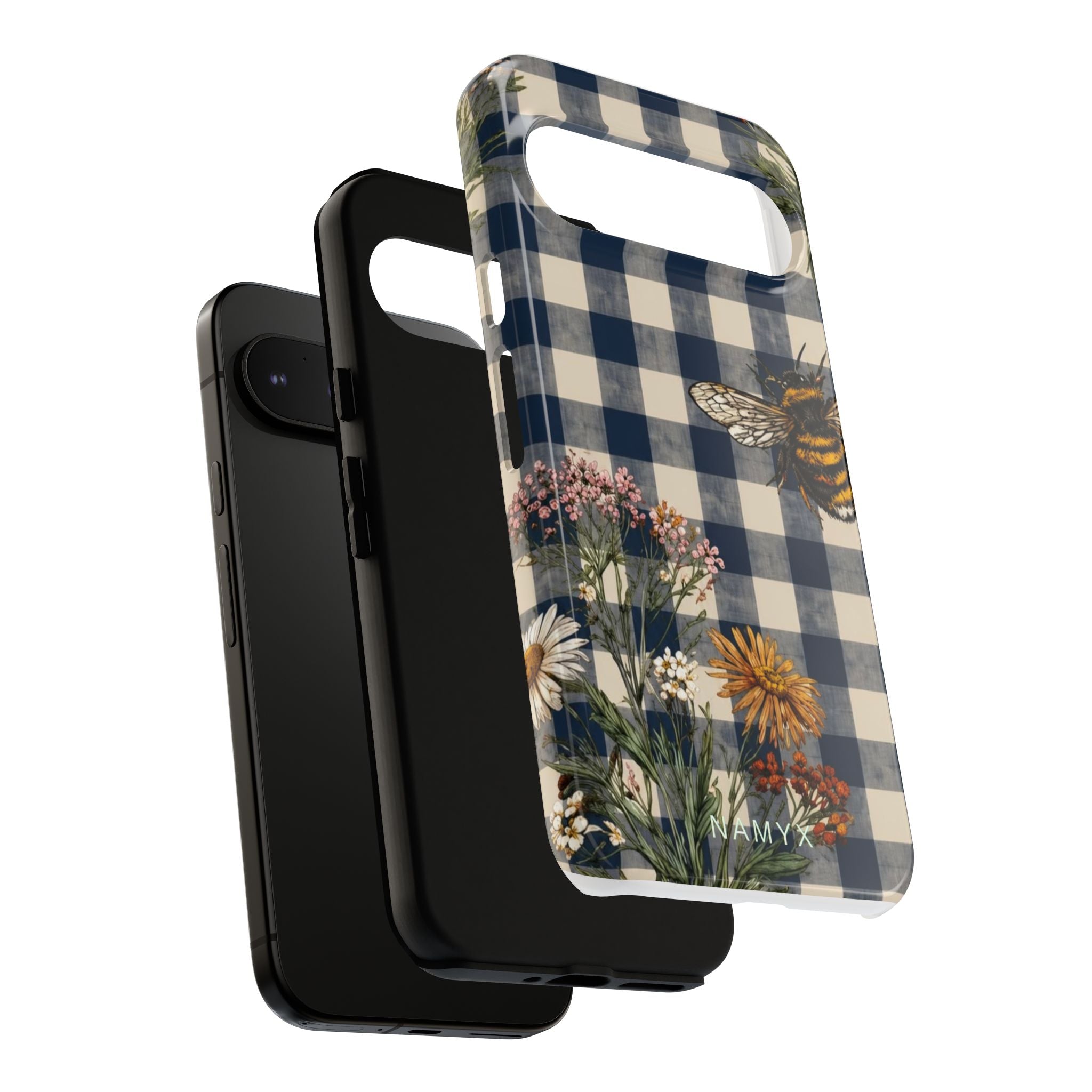 Bee & Wildflower Plaid Phone Case — Navy Buffalo Check Floral iPhone Cover