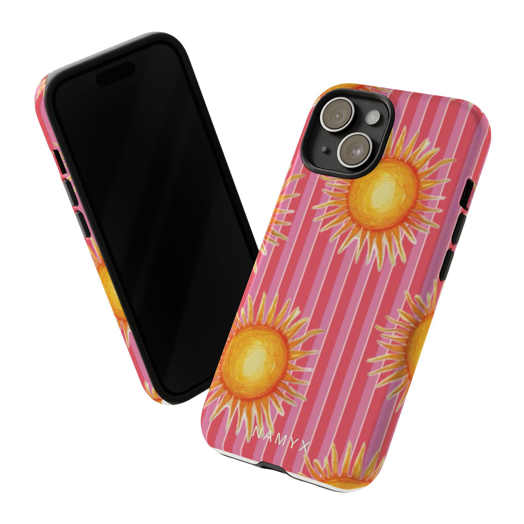 Sunburst Stripe Tough Phone Case — Bright Yellow Sun Pattern on Pink