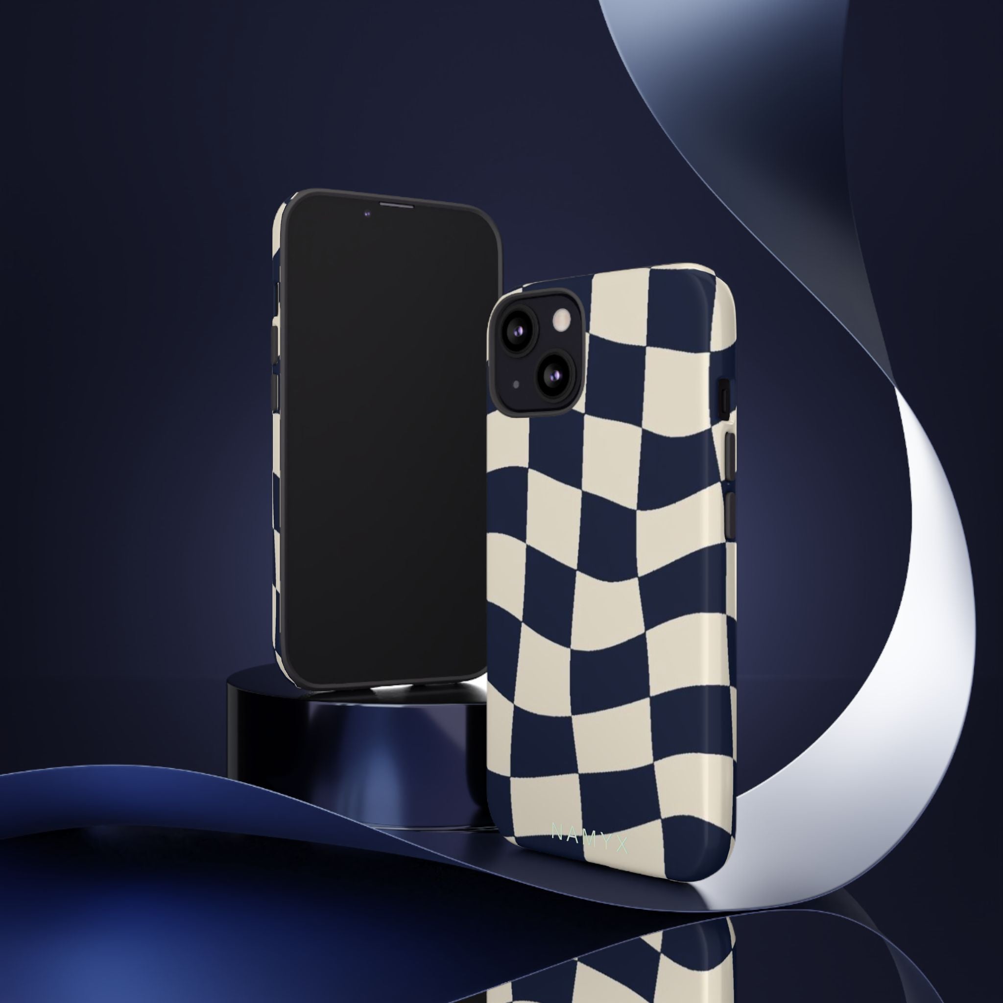 Wavy Checkered Phone Case – Retro Navy Racing Pattern Tough Case