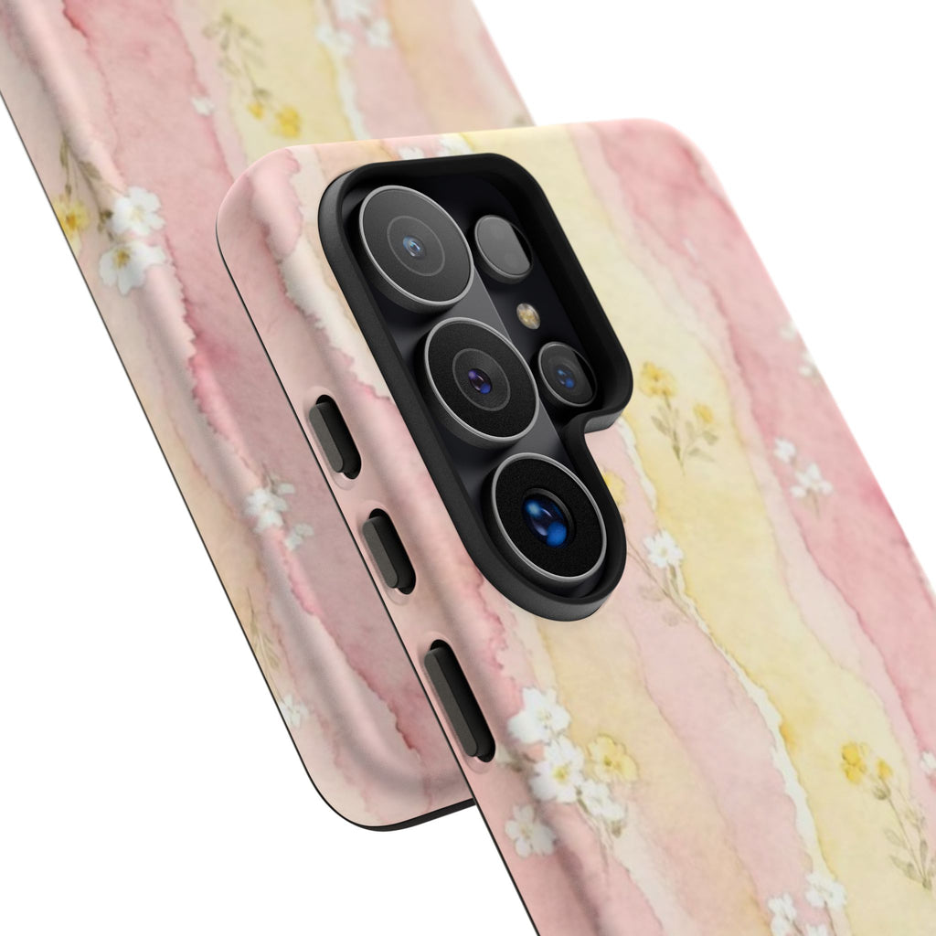 Floral Watercolor Tough Phone Case — Pink & Yellow Daisy Protective Cover