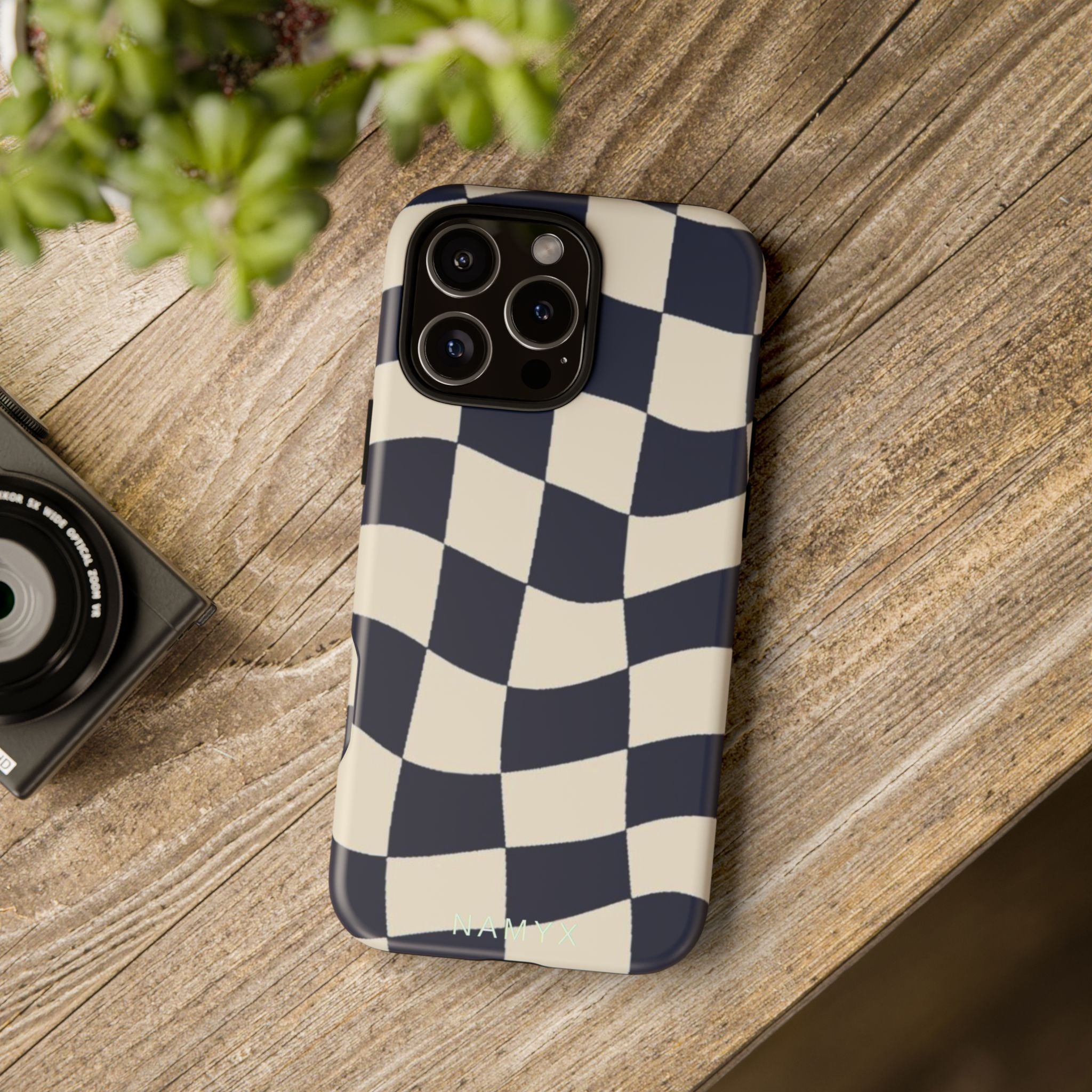 Wavy Checkered Phone Case – Retro Navy Racing Pattern Tough Case