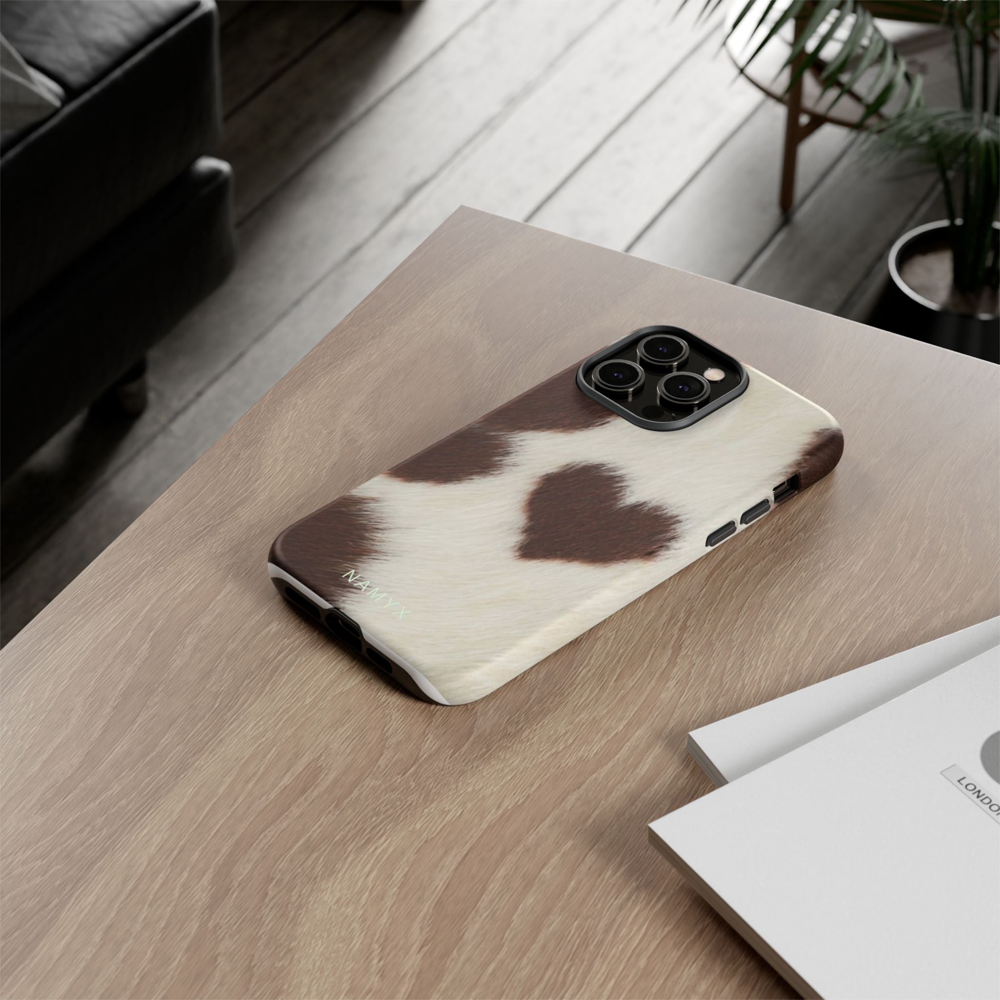 Cowhide Heart Phone Case — Cute Cow Print Protective iPhone Cover