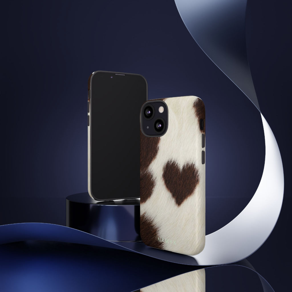 Cowhide Heart Phone Case — Cute Cow Print Protective iPhone Cover
