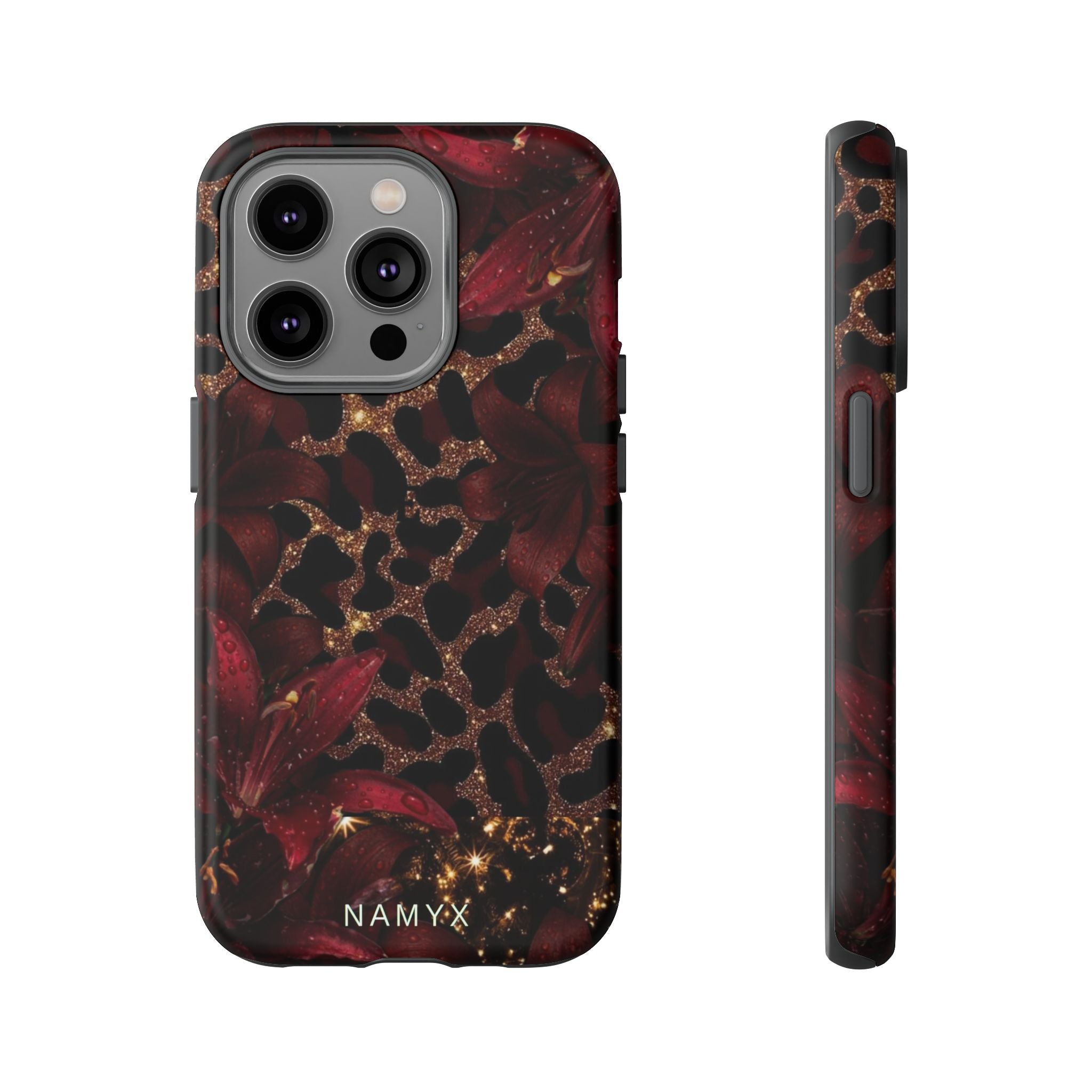 Protective Phone Case — Burgundy Floral & Gold Leopard Print Tough Case