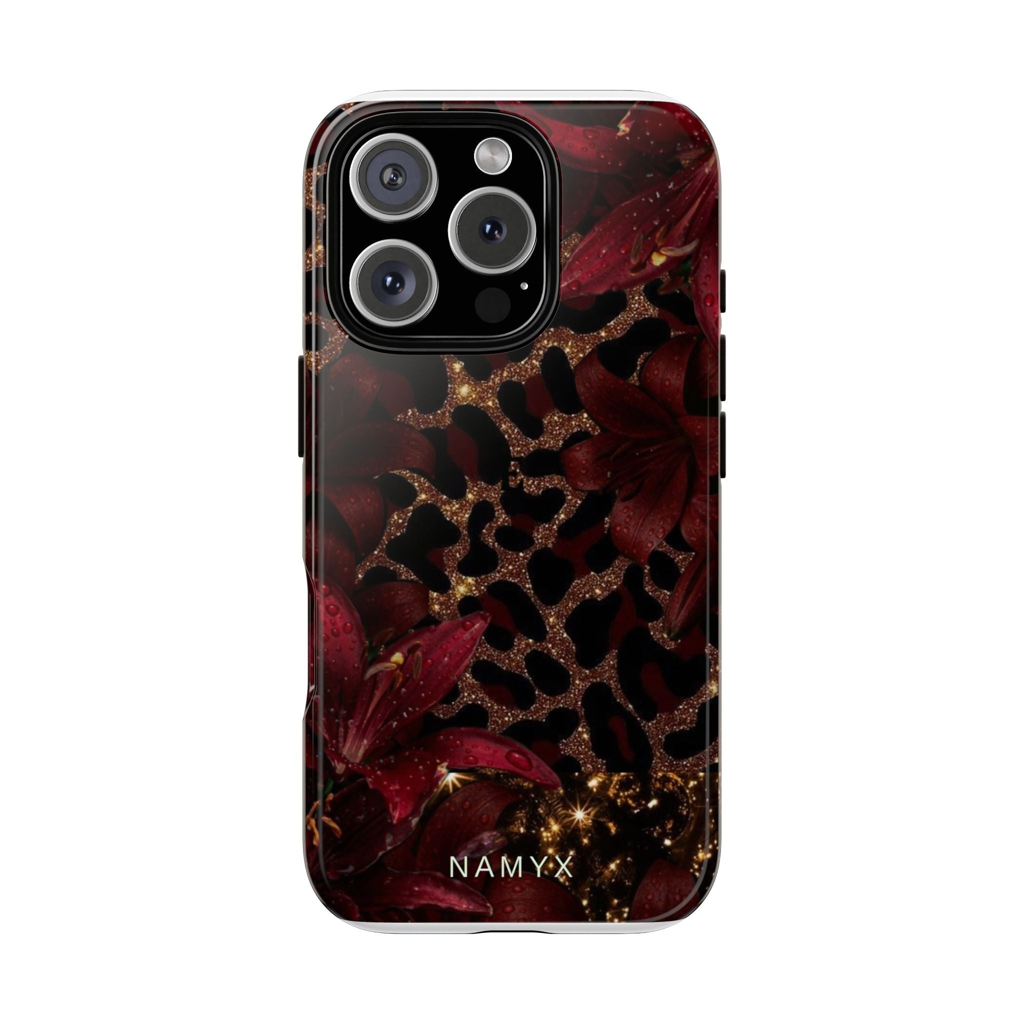 Protective Phone Case — Burgundy Floral & Gold Leopard Print Tough Case