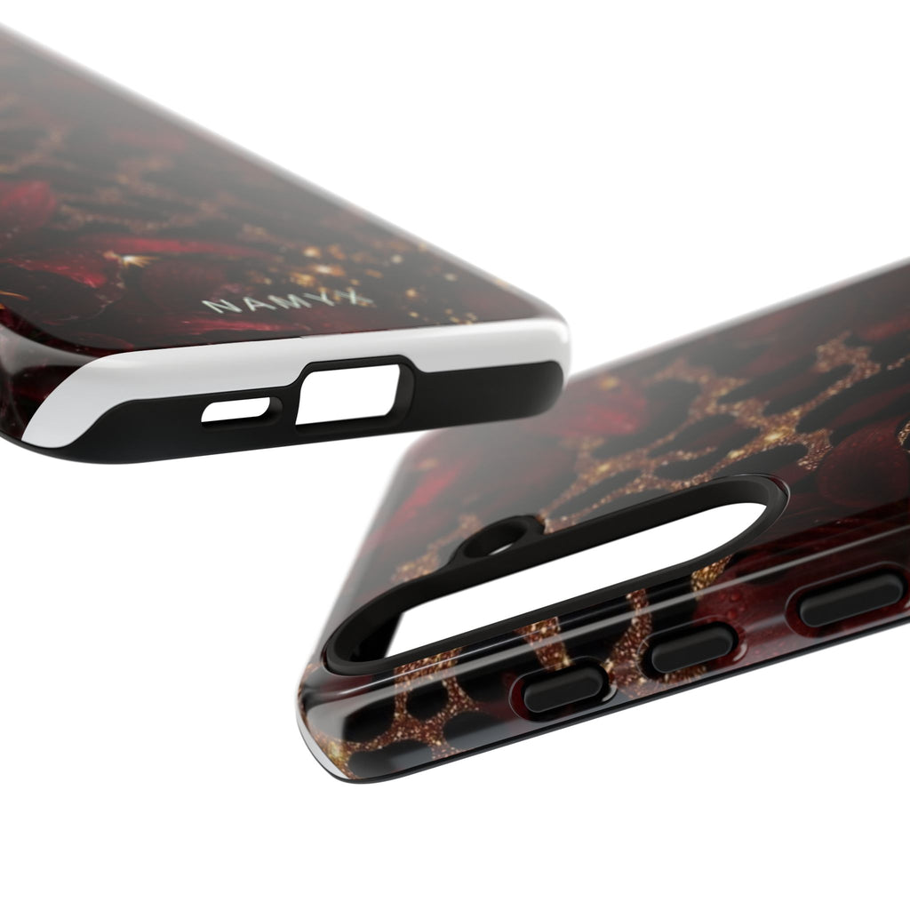 Protective Phone Case — Burgundy Floral & Gold Leopard Print Tough Case