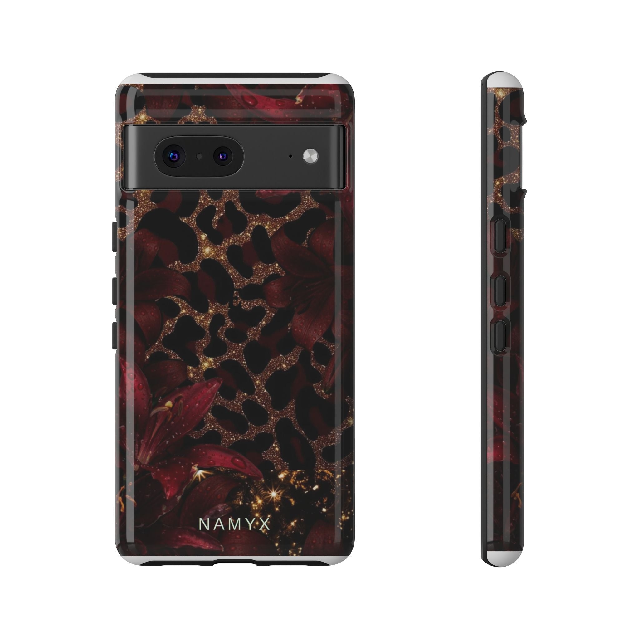 Protective Phone Case — Burgundy Floral & Gold Leopard Print Tough Case