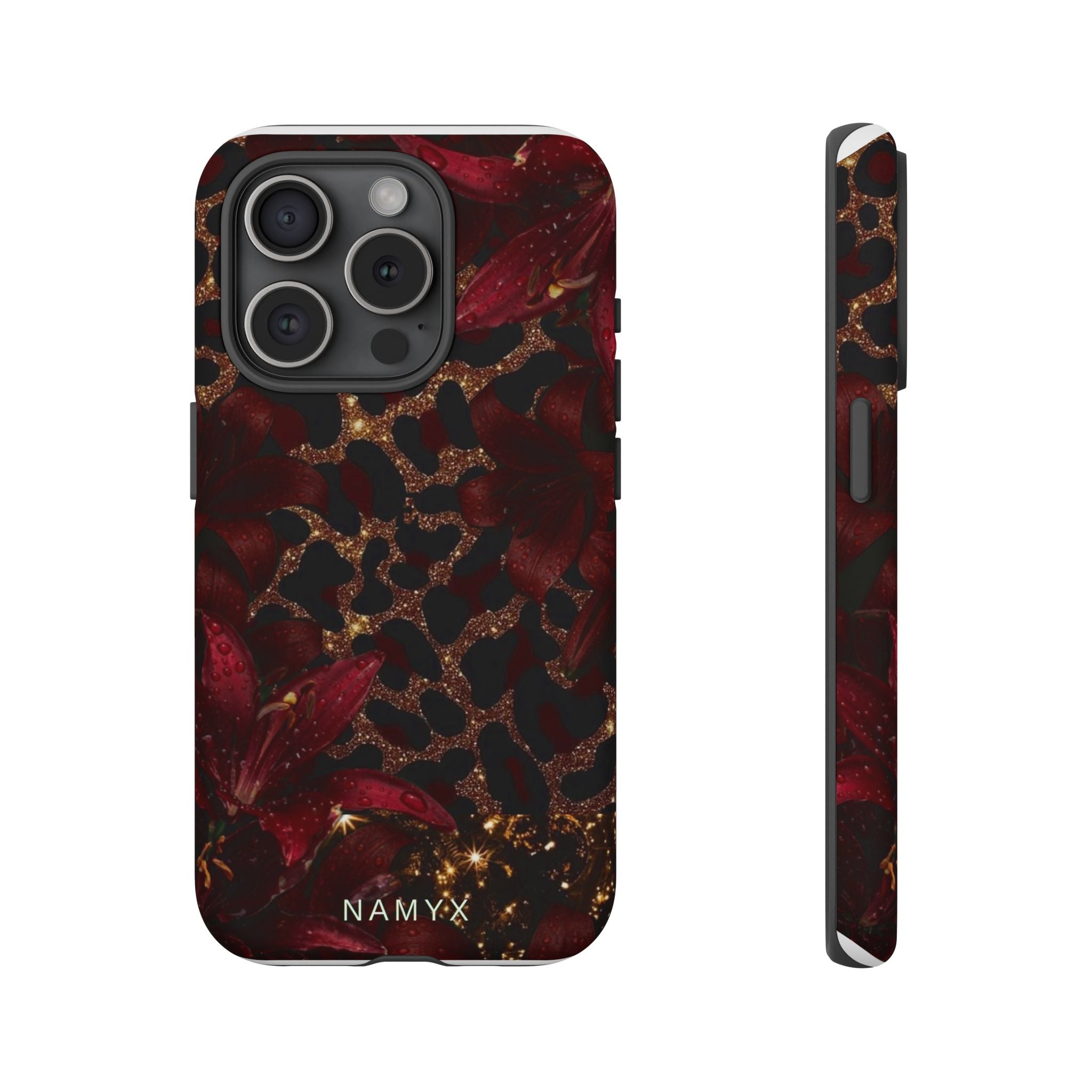 Protective Phone Case — Burgundy Floral & Gold Leopard Print Tough Case