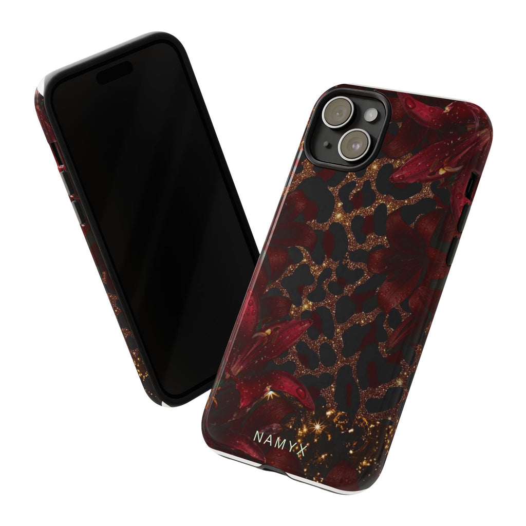Protective Phone Case — Burgundy Floral & Gold Leopard Print Tough Case